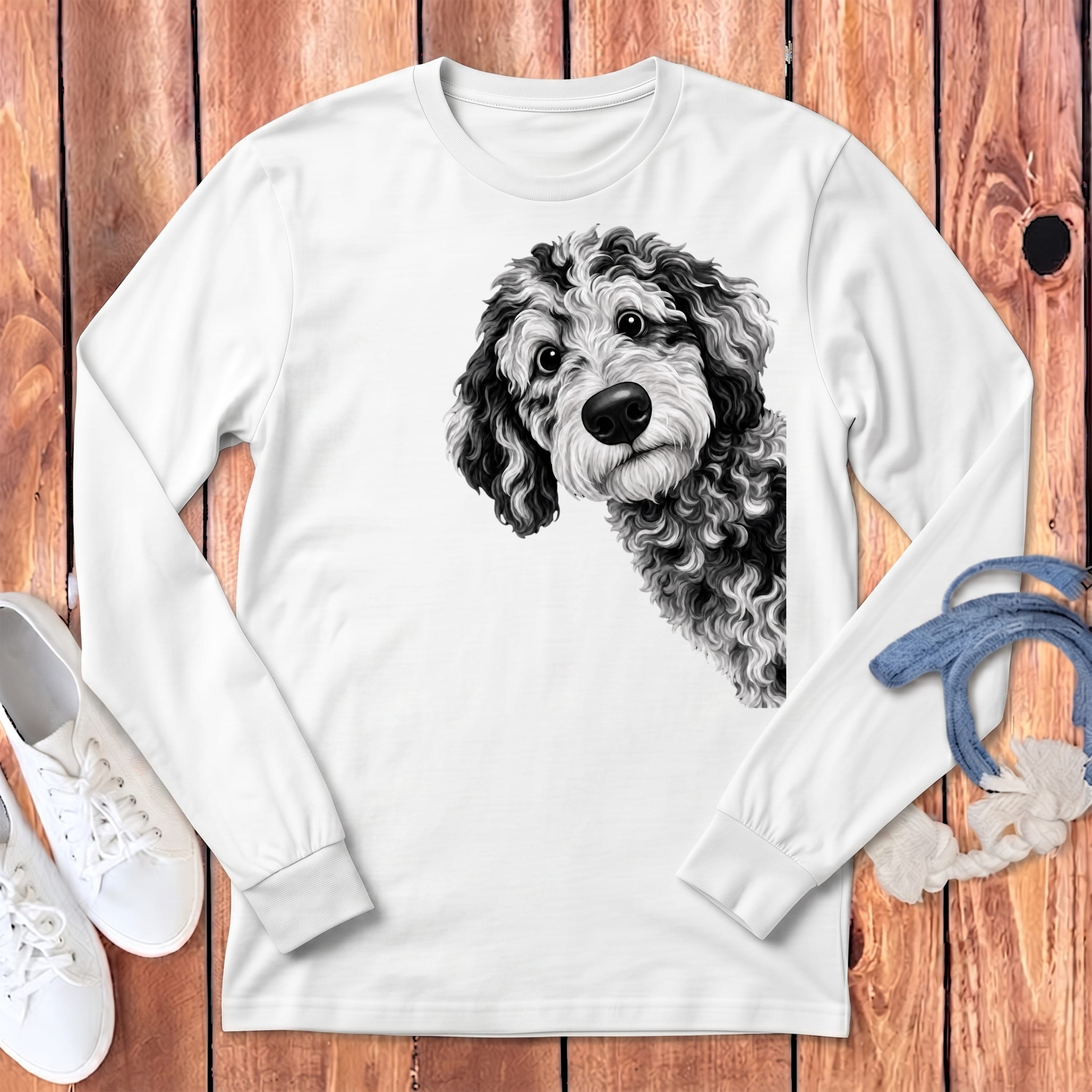 Funny Peeking Merle Goldendoodle Long Sleeve T-Shirt in White / S by Puppy Jo