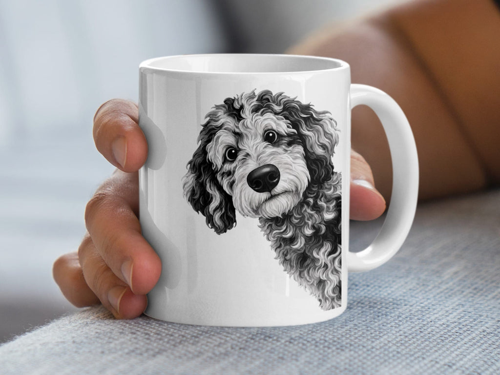 Funny Peeking Merle Goldendoodle Mug in by Puppy Jo