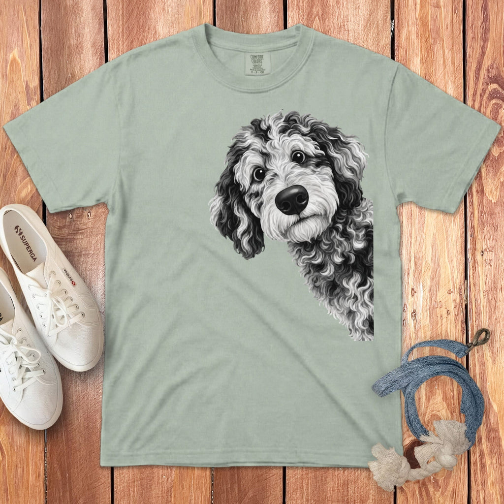 Funny Peeking Merle Goldendoodle Signature T-Shirt in Bay / S by Puppy Jo