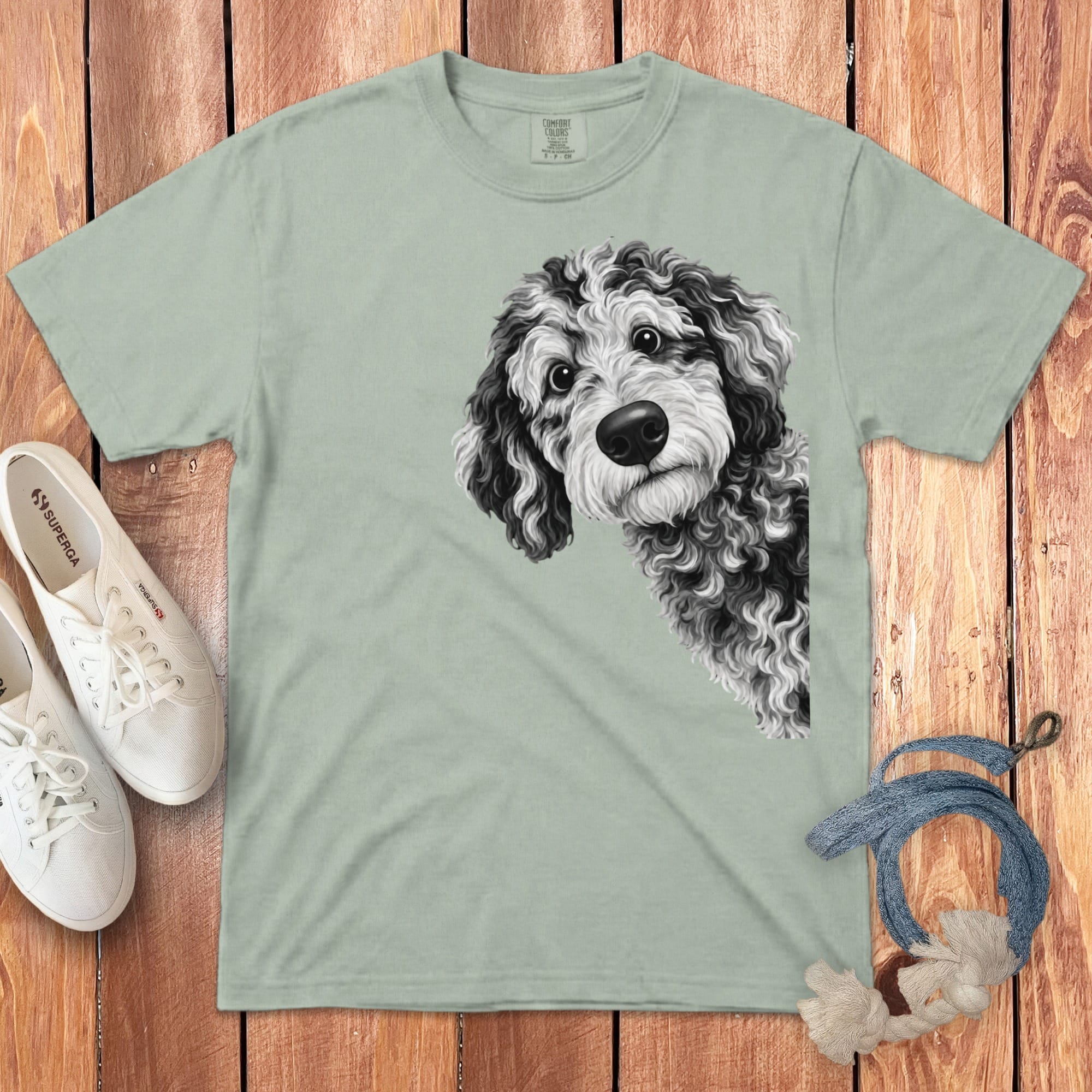 Funny Peeking Merle Goldendoodle Signature T-Shirt in Bay / S by Puppy Jo