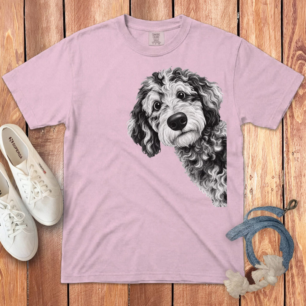 Funny Peeking Merle Goldendoodle Signature T-Shirt in Blossom / S by Puppy Jo