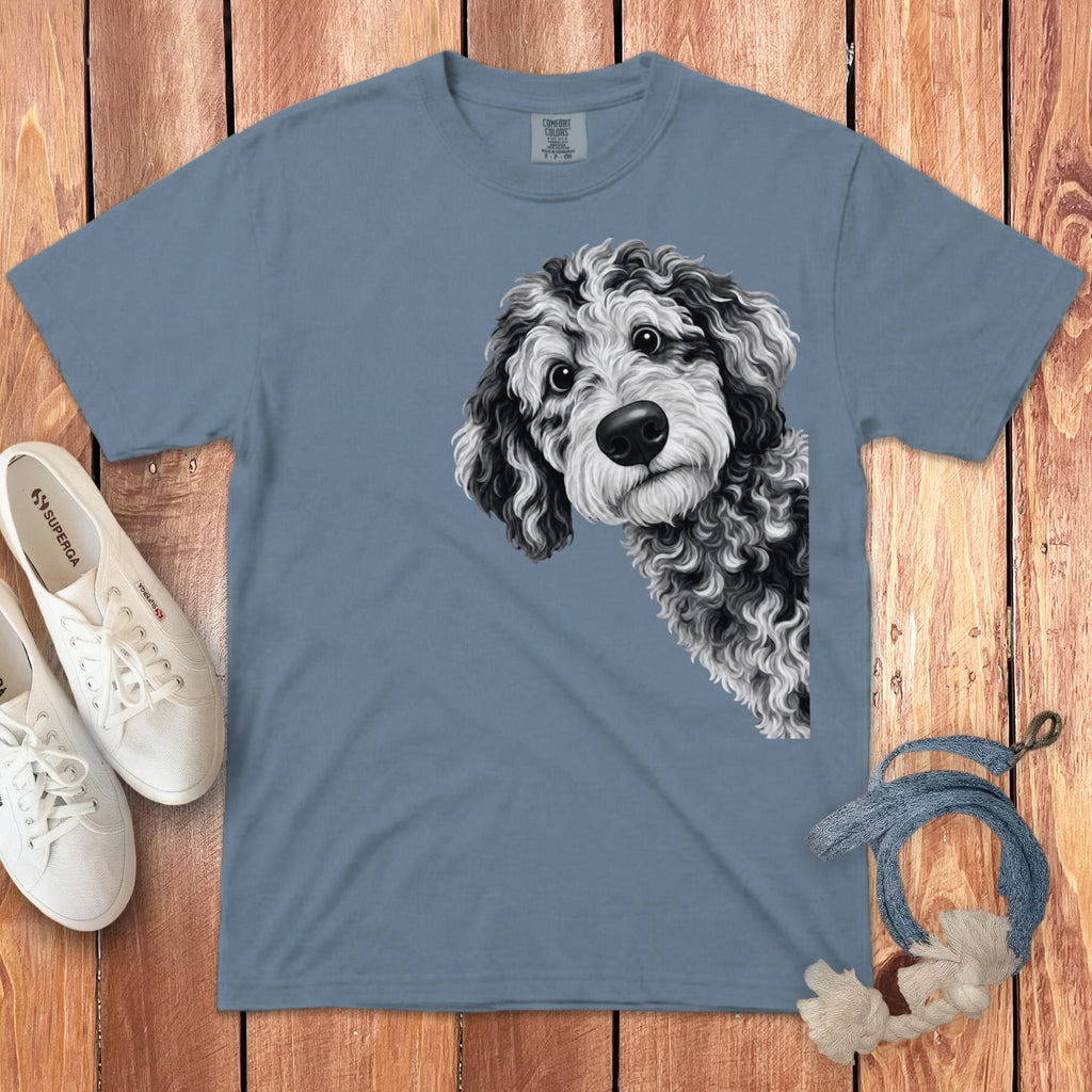 Funny Peeking Merle Goldendoodle Signature T-Shirt in Blue Jean / S by Puppy Jo
