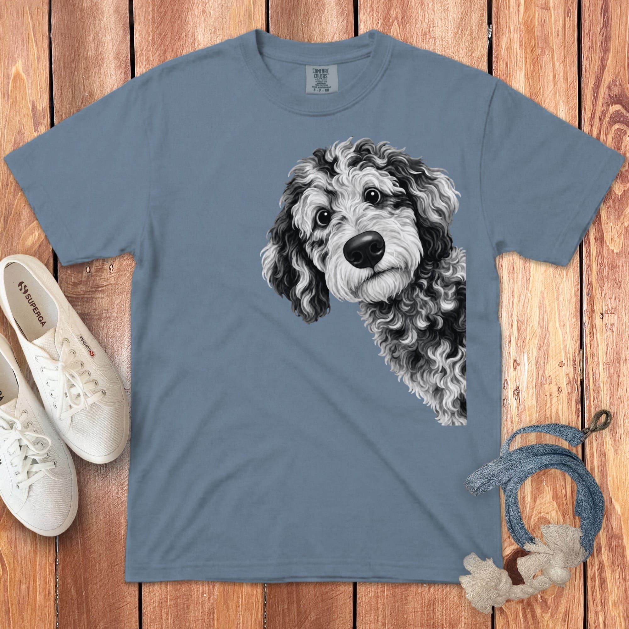 Funny Peeking Merle Goldendoodle Signature T-Shirt in Blue Jean / S by Puppy Jo