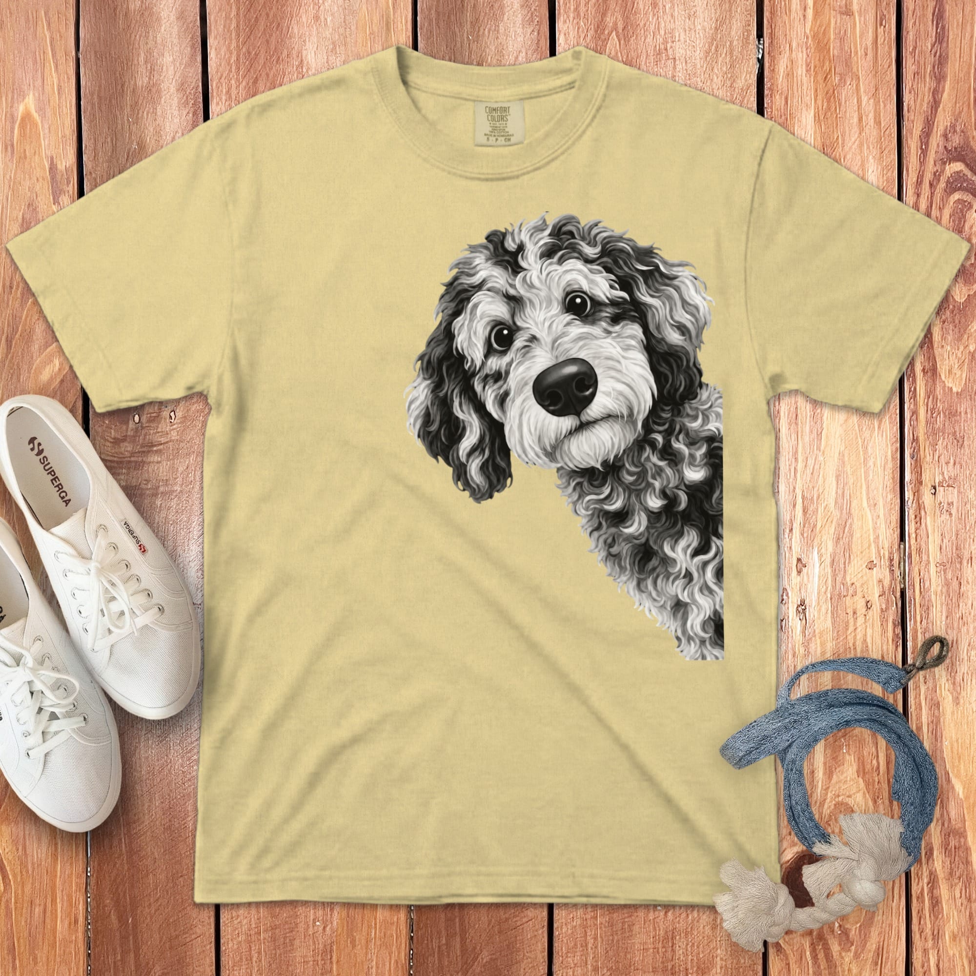 Funny Peeking Merle Goldendoodle Signature T-Shirt in Butter / S by Puppy Jo