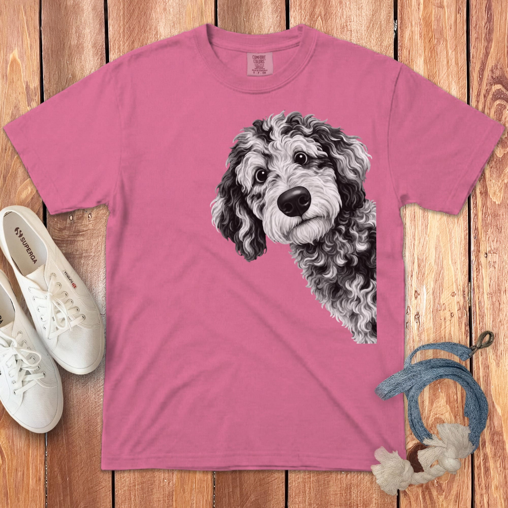 Funny Peeking Merle Goldendoodle Signature T-Shirt in Crunchberry / S by Puppy Jo