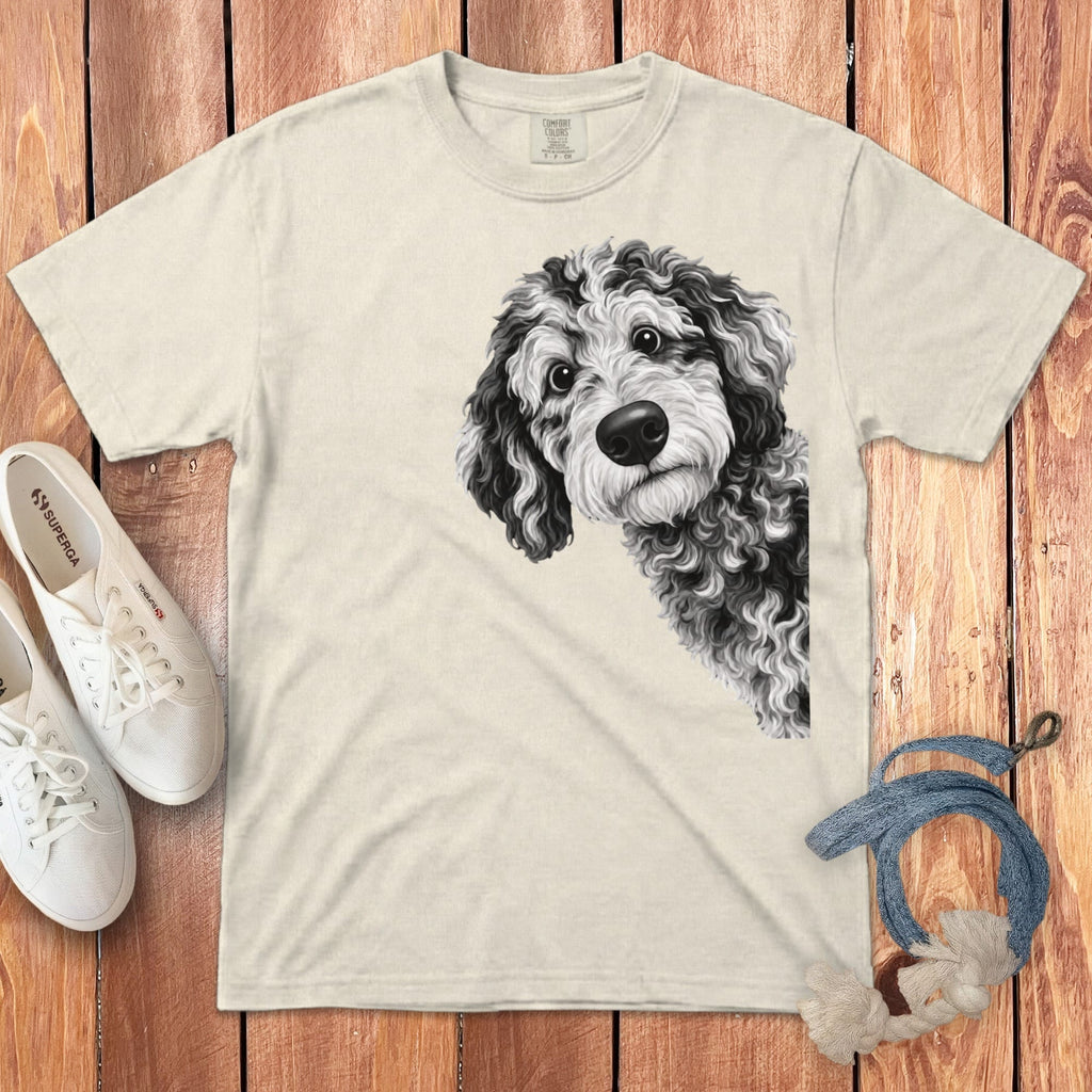 Funny Peeking Merle Goldendoodle Signature T-Shirt in Ivory / S by Puppy Jo