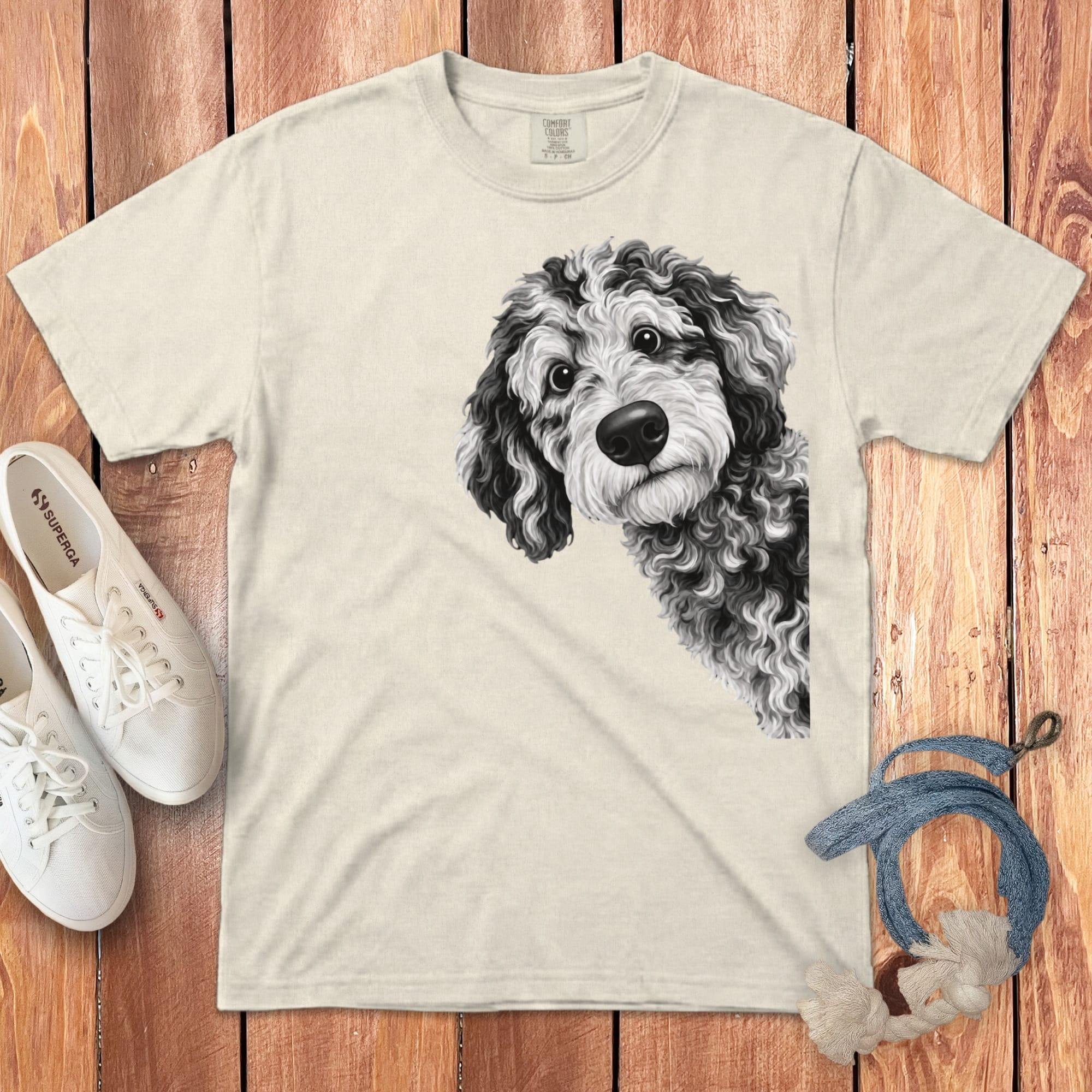 Funny Peeking Merle Goldendoodle Signature T-Shirt in Ivory / S by Puppy Jo