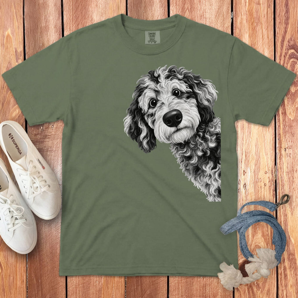Funny Peeking Merle Goldendoodle Signature T-Shirt in Moss / S by Puppy Jo