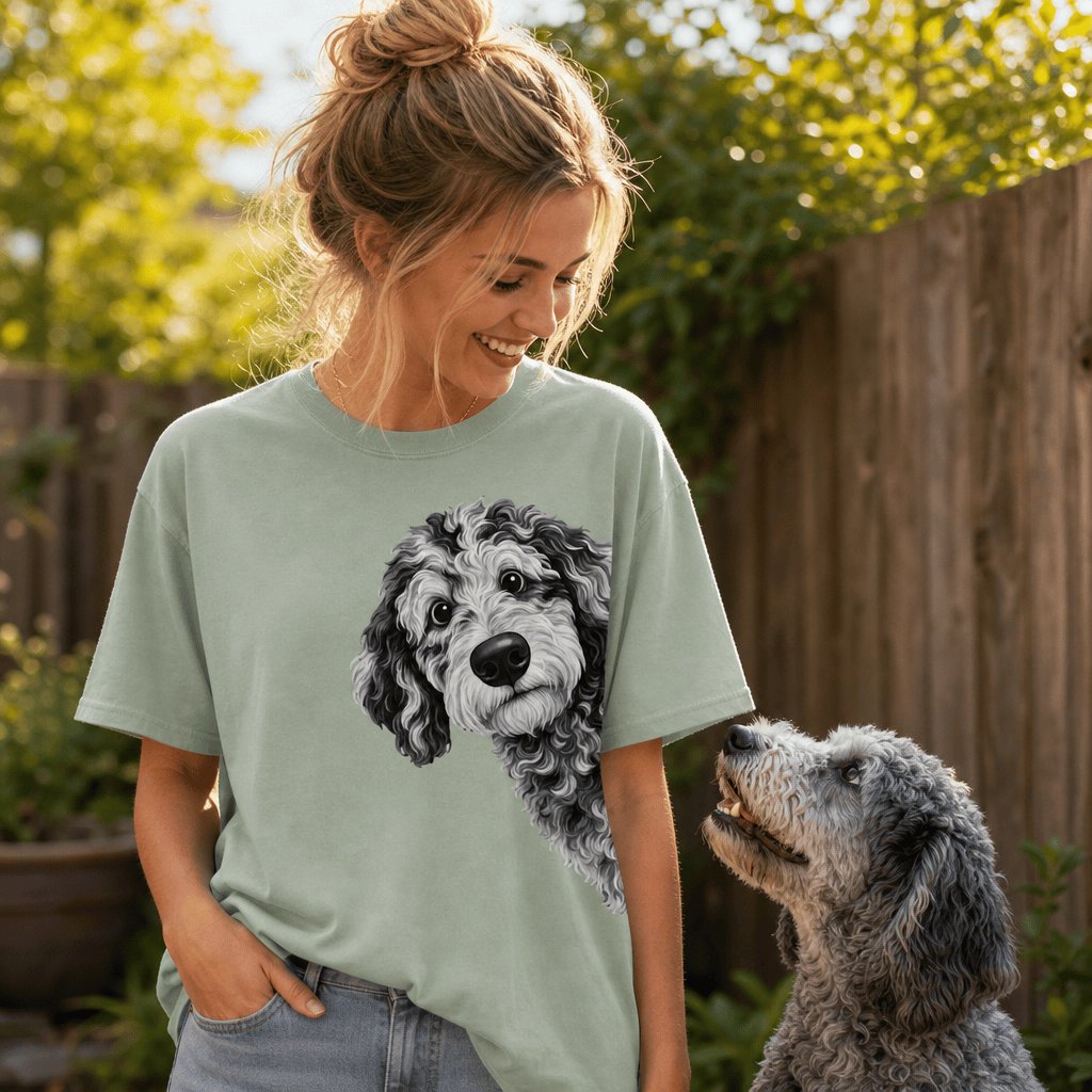 Funny Peeking Merle Goldendoodle Signature T-Shirt in by Puppy Jo
