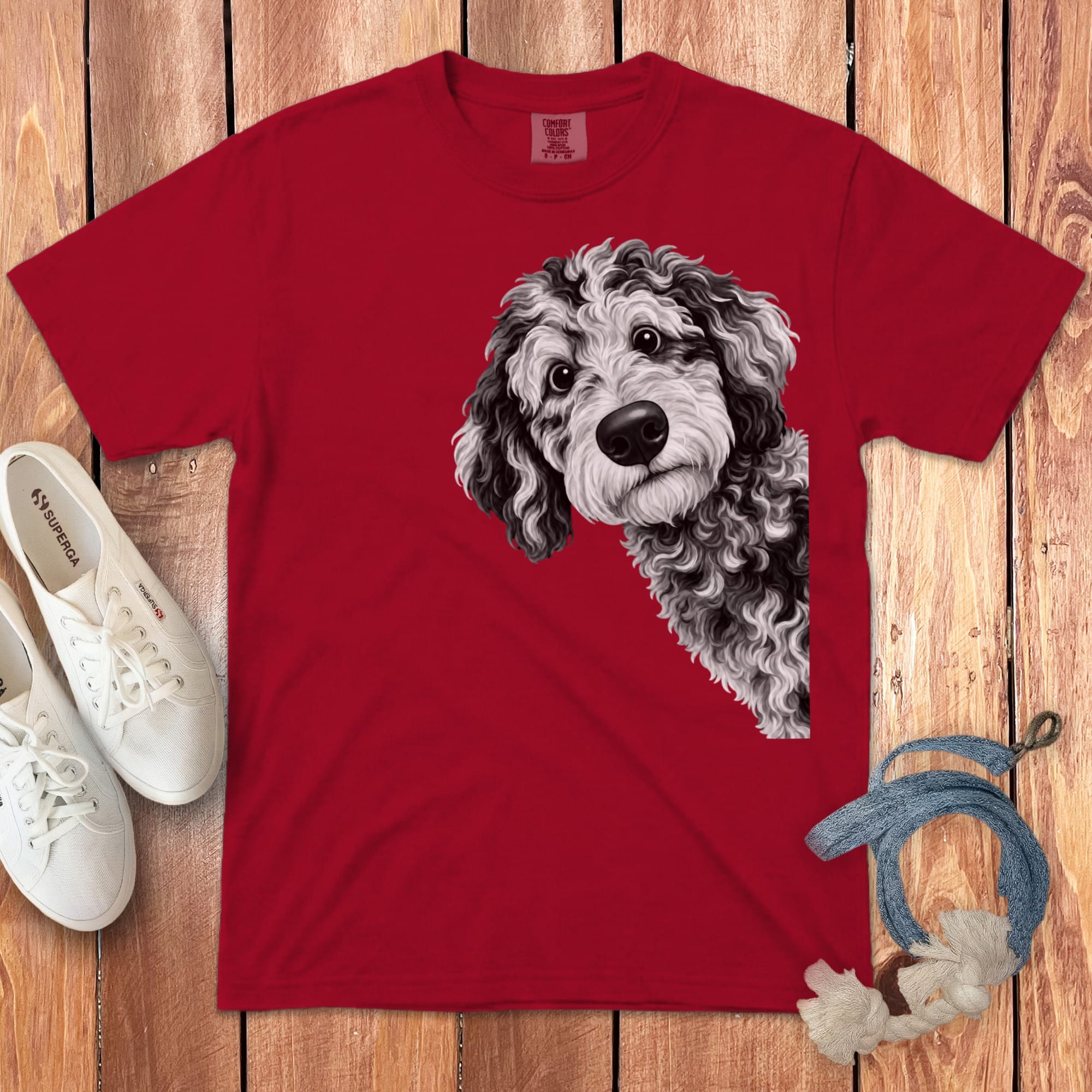 Funny Peeking Merle Goldendoodle Signature T-Shirt in Red / S by Puppy Jo