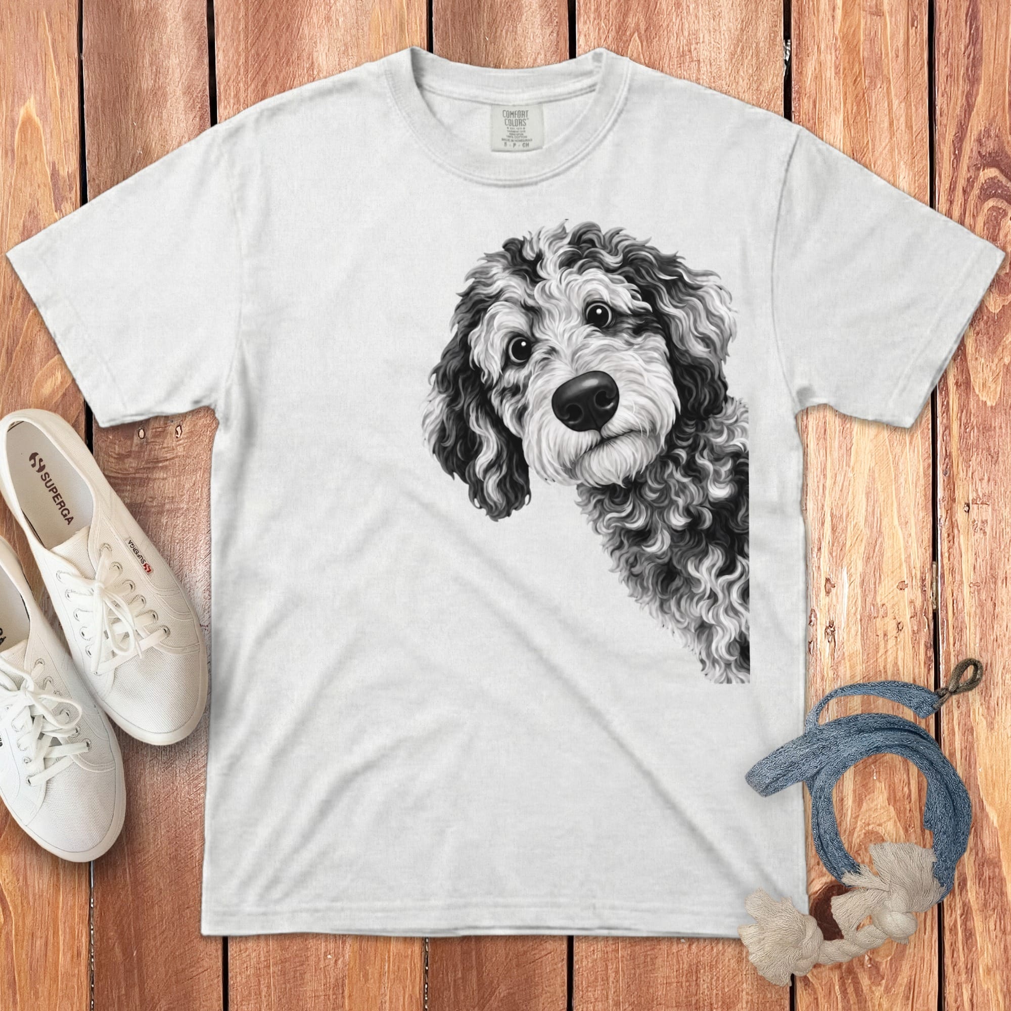 Funny Peeking Merle Goldendoodle Signature T-Shirt in White / S by Puppy Jo