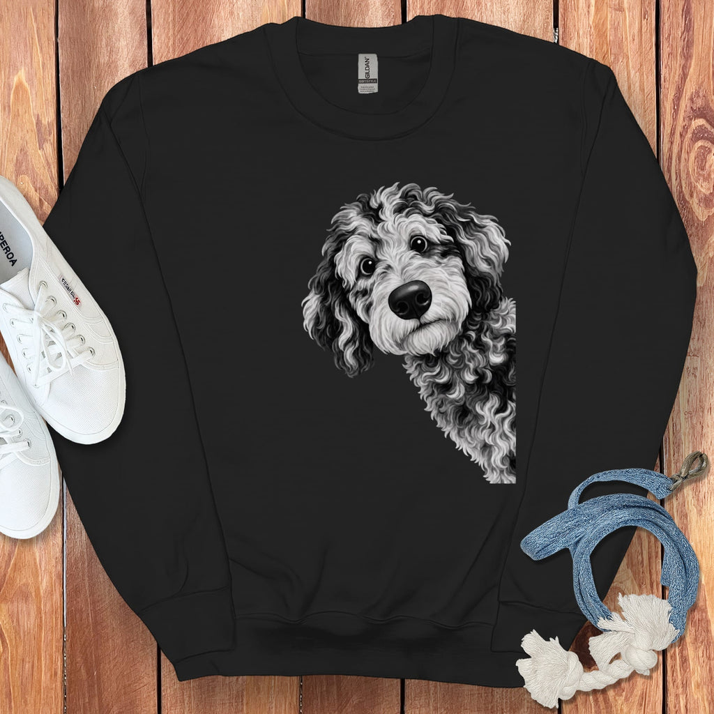 Funny Peeking Merle Goldendoodle Sweatshirt in Black / S by Puppy Jo