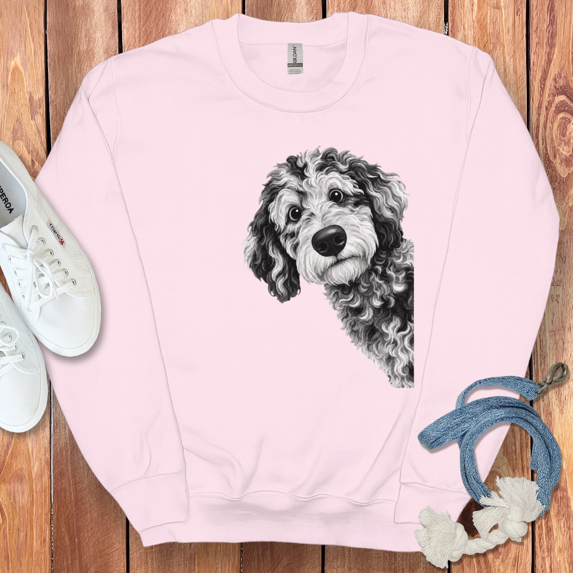 Funny Peeking Merle Goldendoodle Sweatshirt in Light Pink / S by Puppy Jo