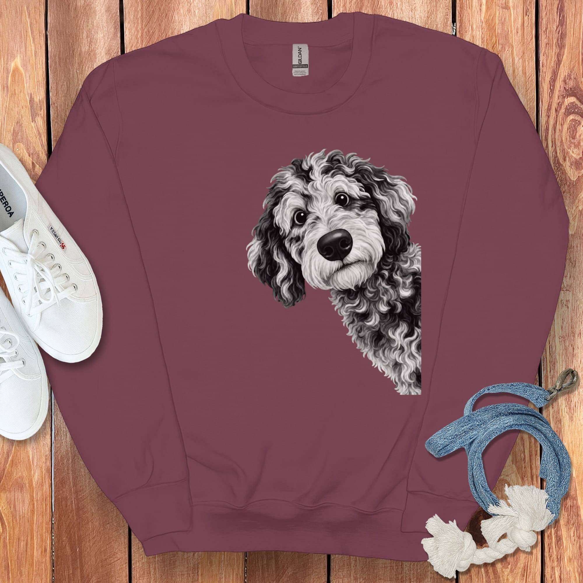 Funny Peeking Merle Goldendoodle Sweatshirt in Maroon / S by Puppy Jo