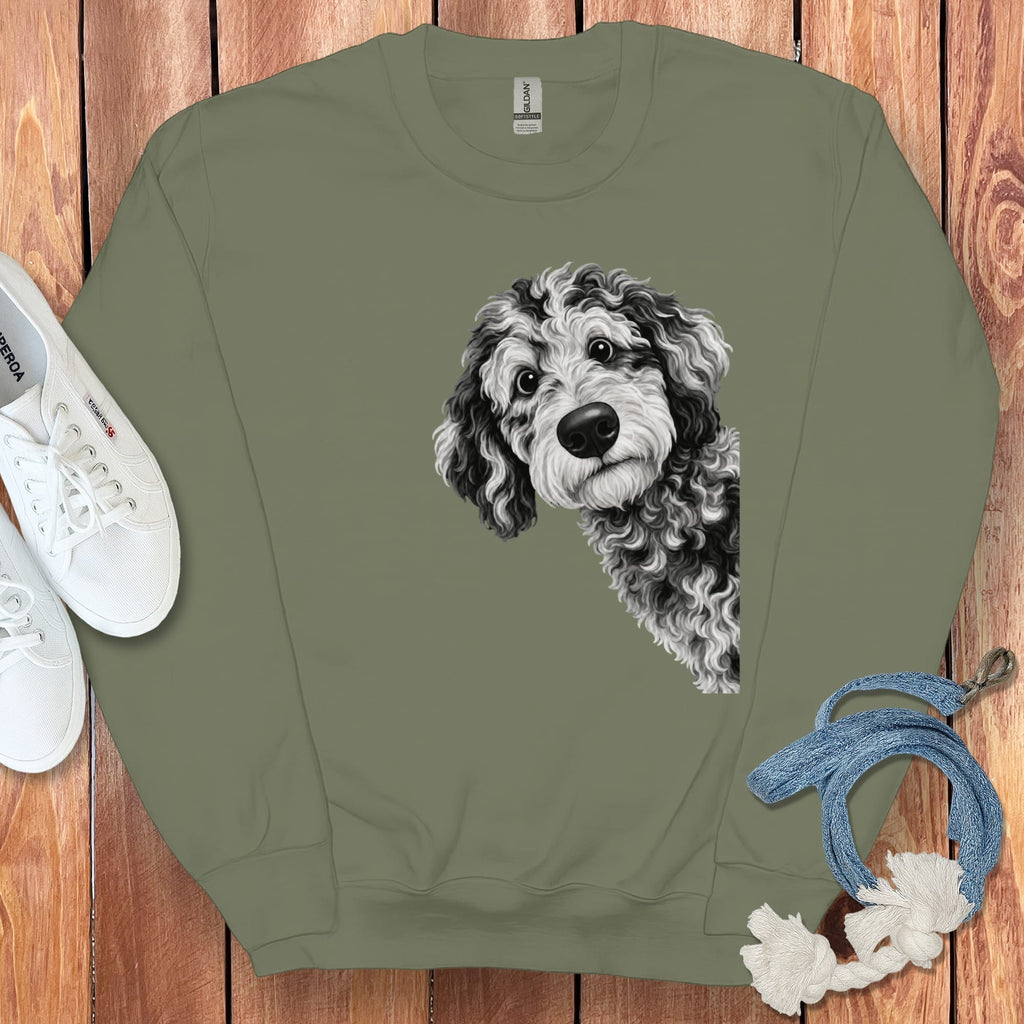 Funny Peeking Merle Goldendoodle Sweatshirt in Military Green / S by Puppy Jo