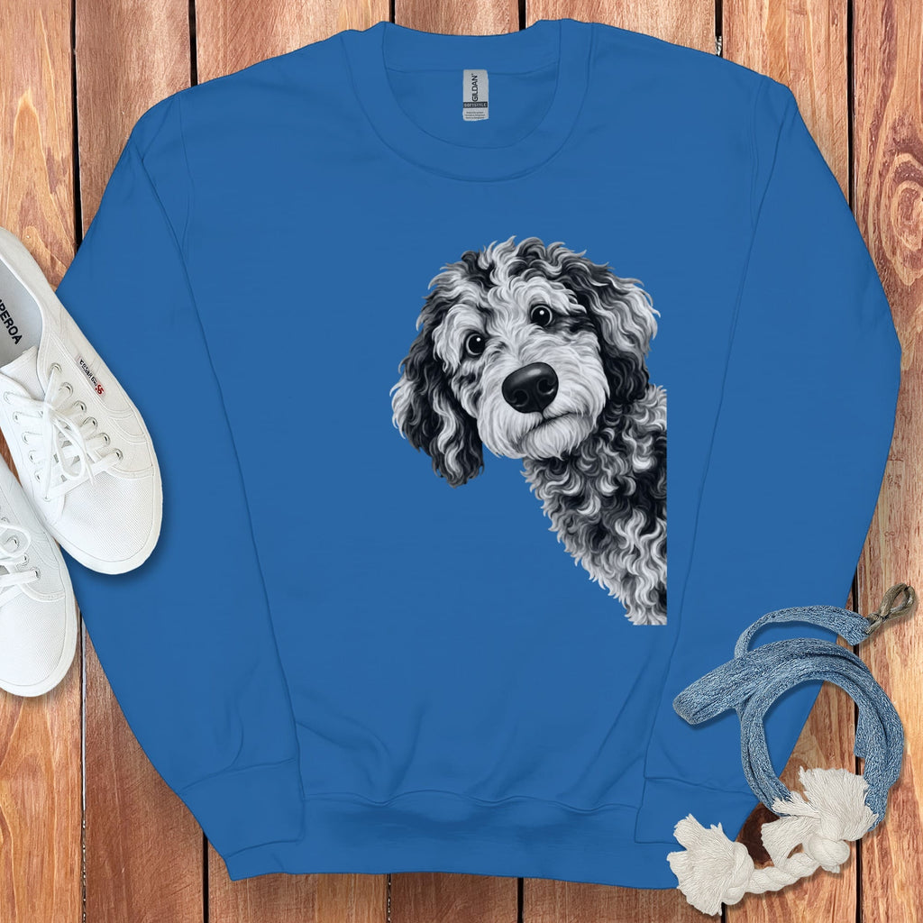 Funny Peeking Merle Goldendoodle Sweatshirt in Royal / S by Puppy Jo
