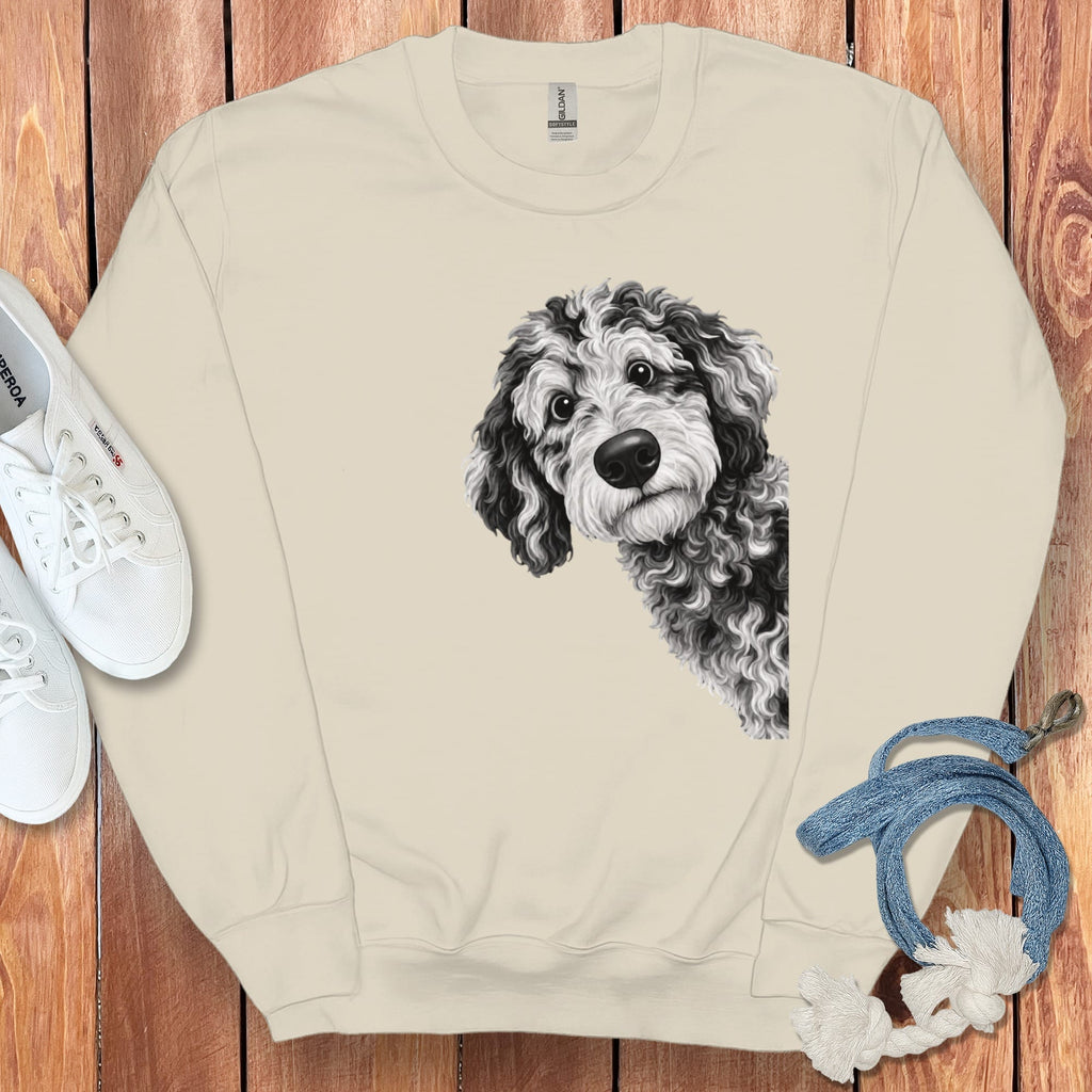 Funny Peeking Merle Goldendoodle Sweatshirt in Sand / S by Puppy Jo