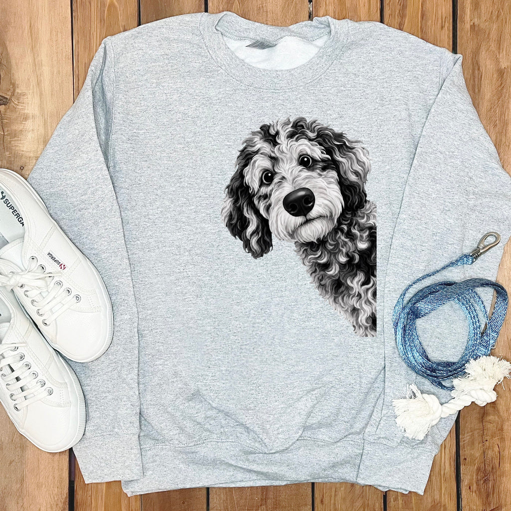 Funny Peeking Merle Goldendoodle Sweatshirt in Sport Grey / S by Puppy Jo