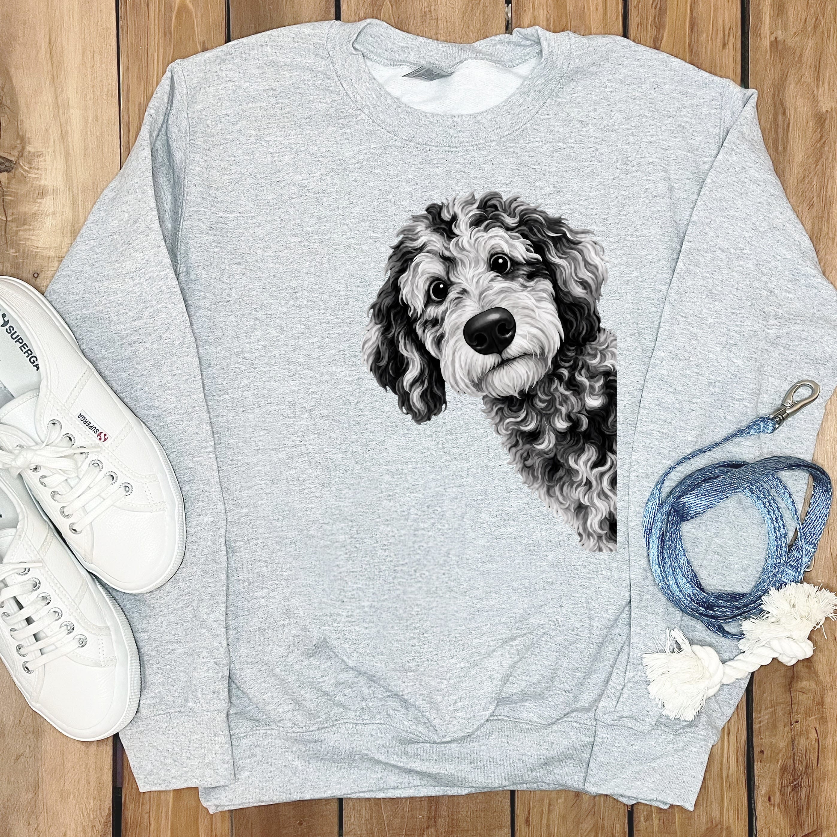 Funny Peeking Merle Goldendoodle Sweatshirt in Sport Grey / S by Puppy Jo