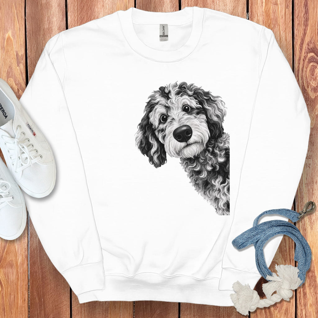 Funny Peeking Merle Goldendoodle Sweatshirt in White / S by Puppy Jo