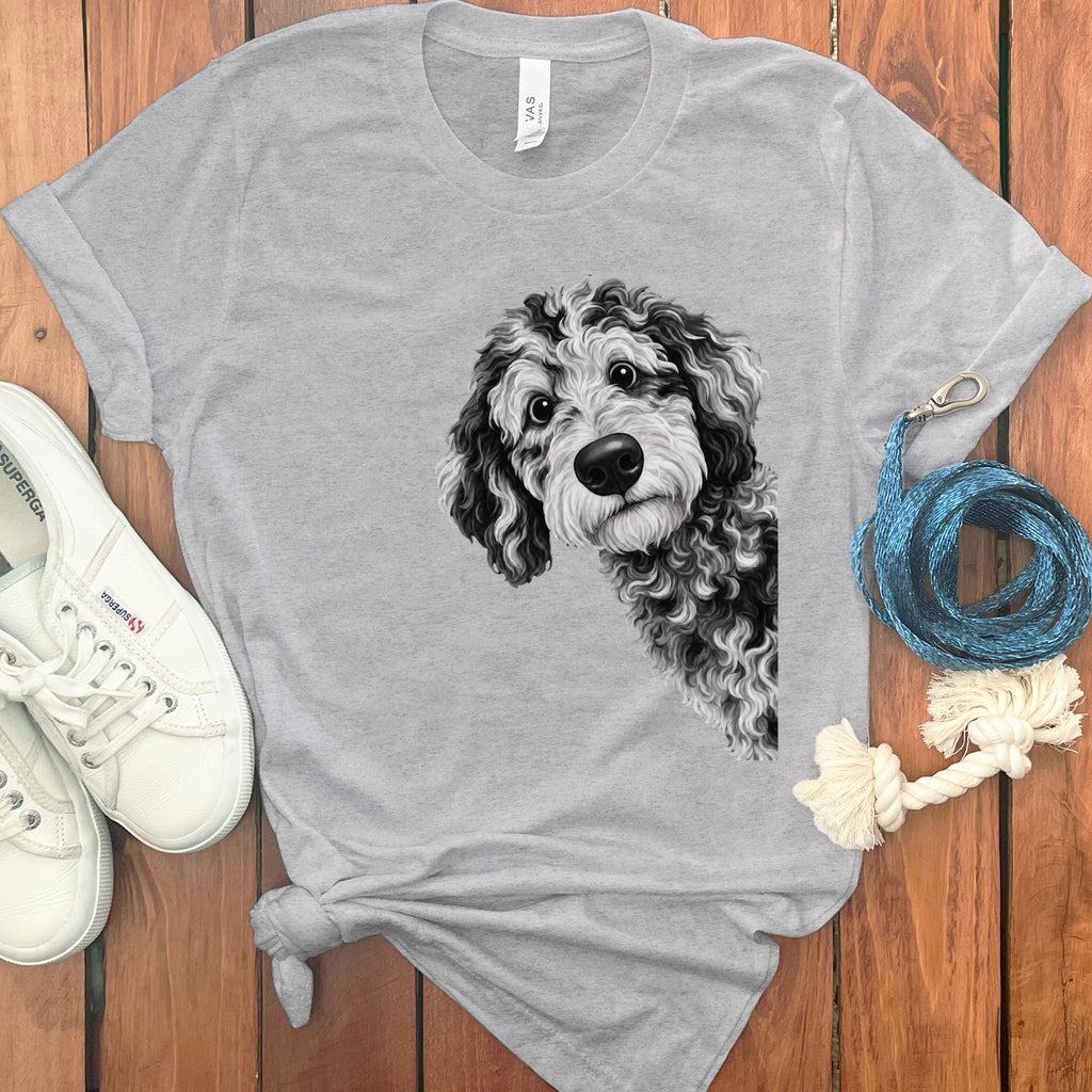 Funny Peeking Merle Goldendoodle T-Shirt in Athletic Heather / S by Puppy Jo