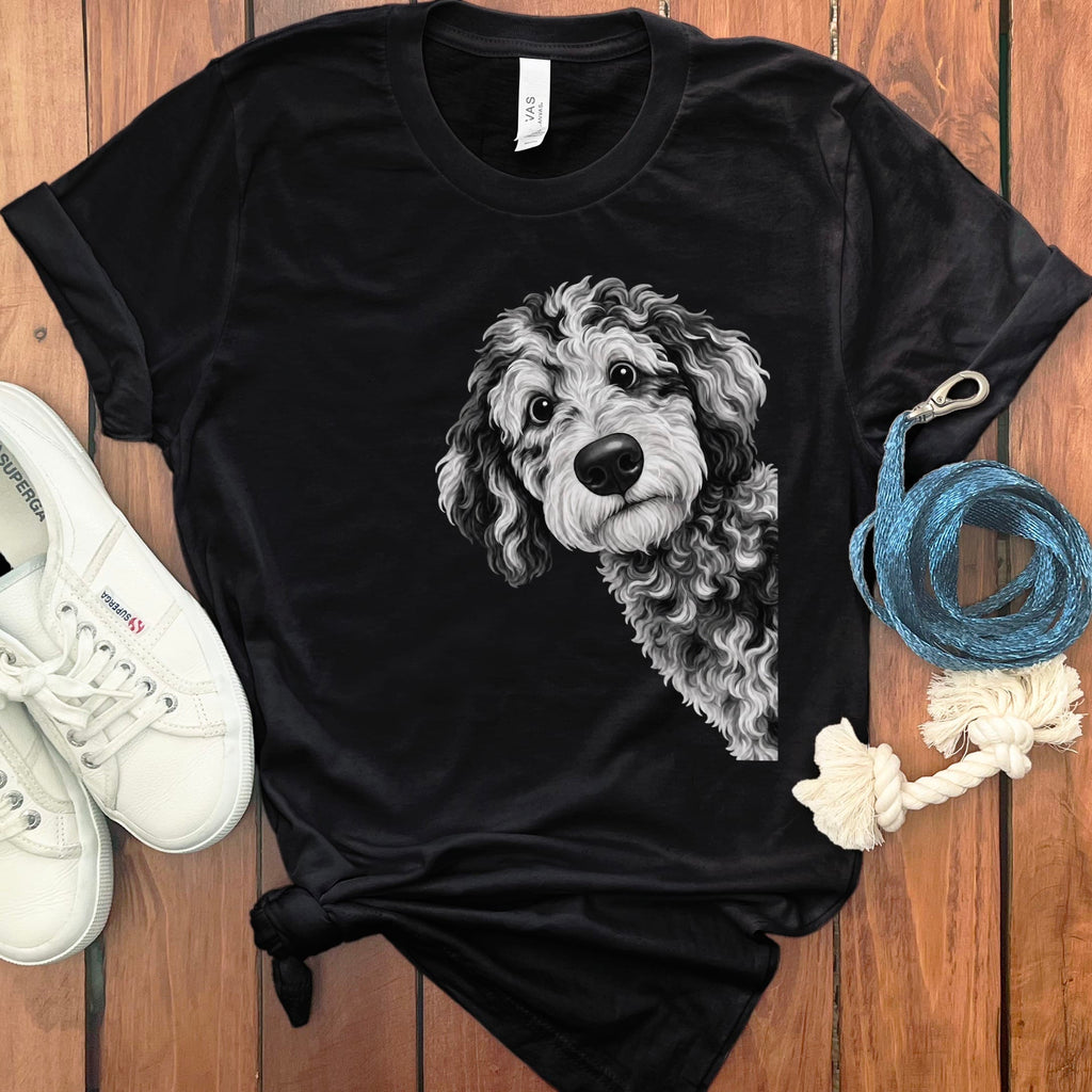 Funny Peeking Merle Goldendoodle T-Shirt in Black / S by Puppy Jo