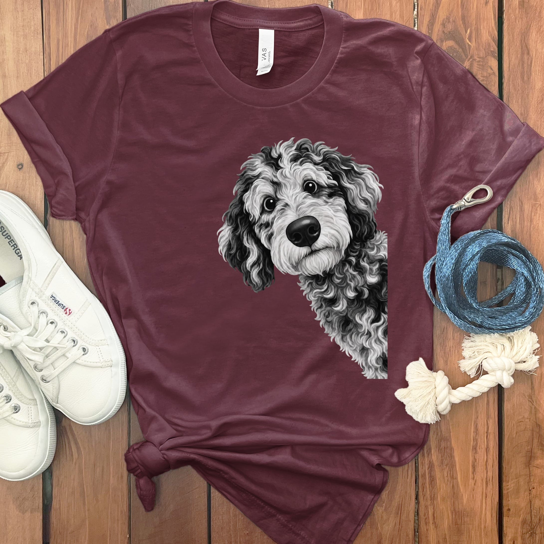 Funny Peeking Merle Goldendoodle T-Shirt in Maroon / S by Puppy Jo