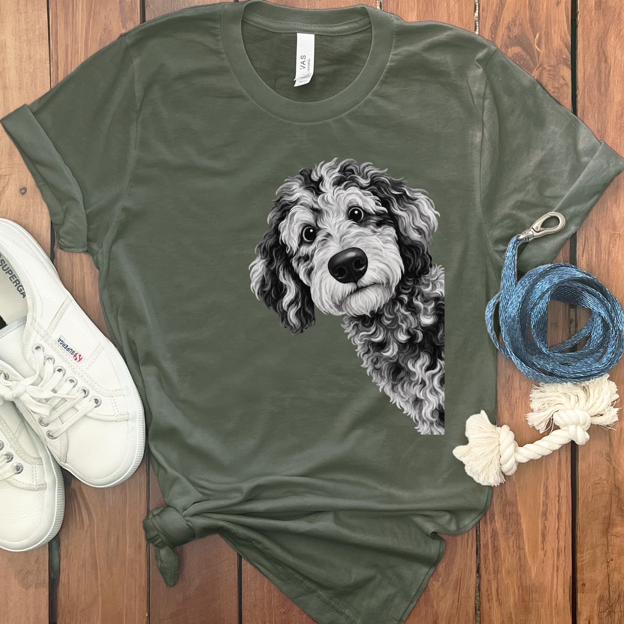 Funny Peeking Merle Goldendoodle T-Shirt in Military Green / S by Puppy Jo