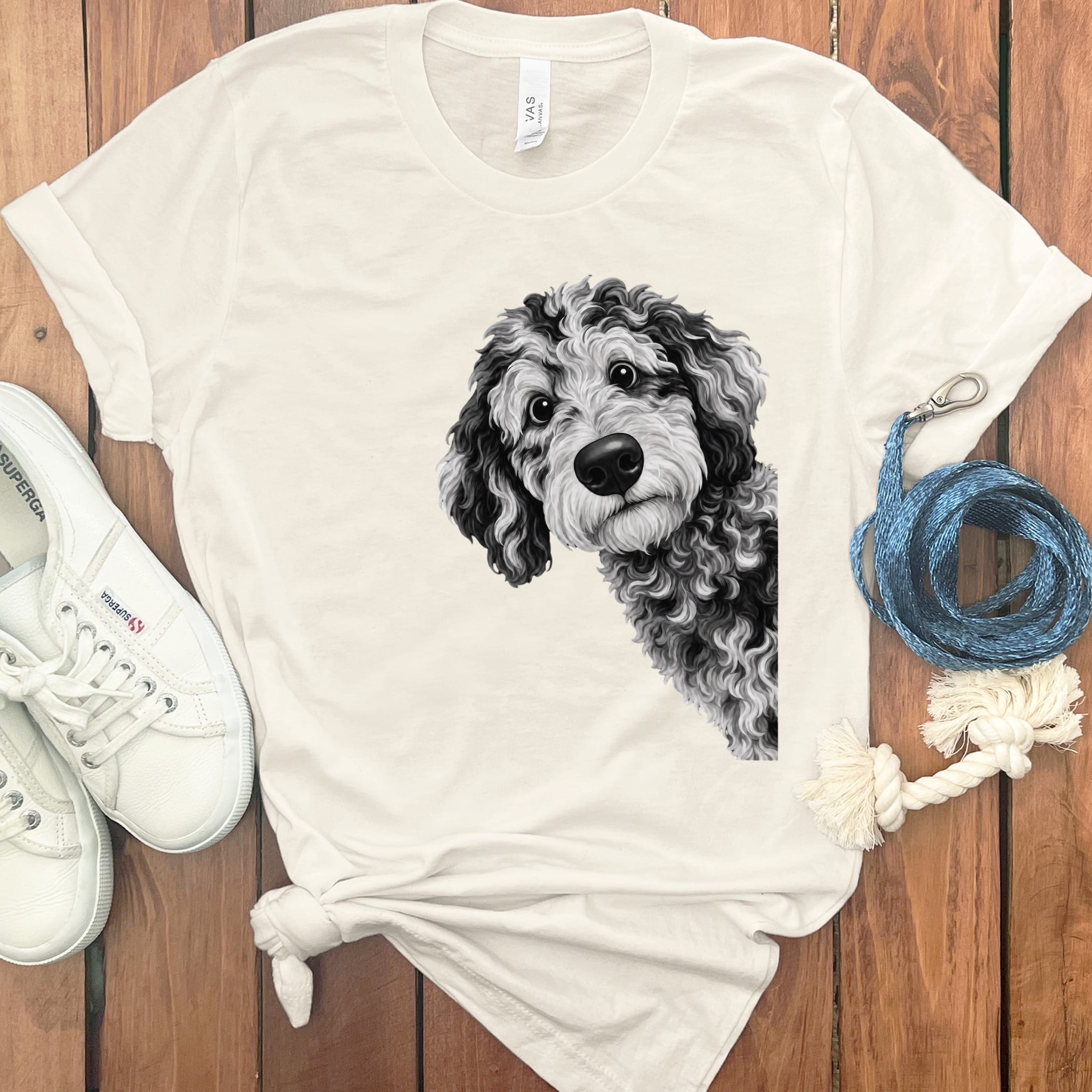 Funny Peeking Merle Goldendoodle T-Shirt in Natural / S by Puppy Jo