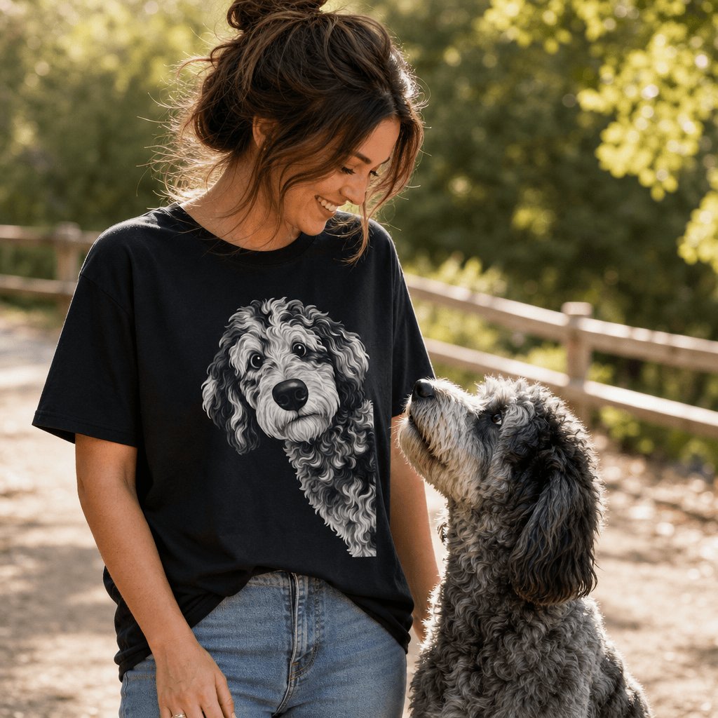 Funny Peeking Merle Goldendoodle T-Shirt in by Puppy Jo