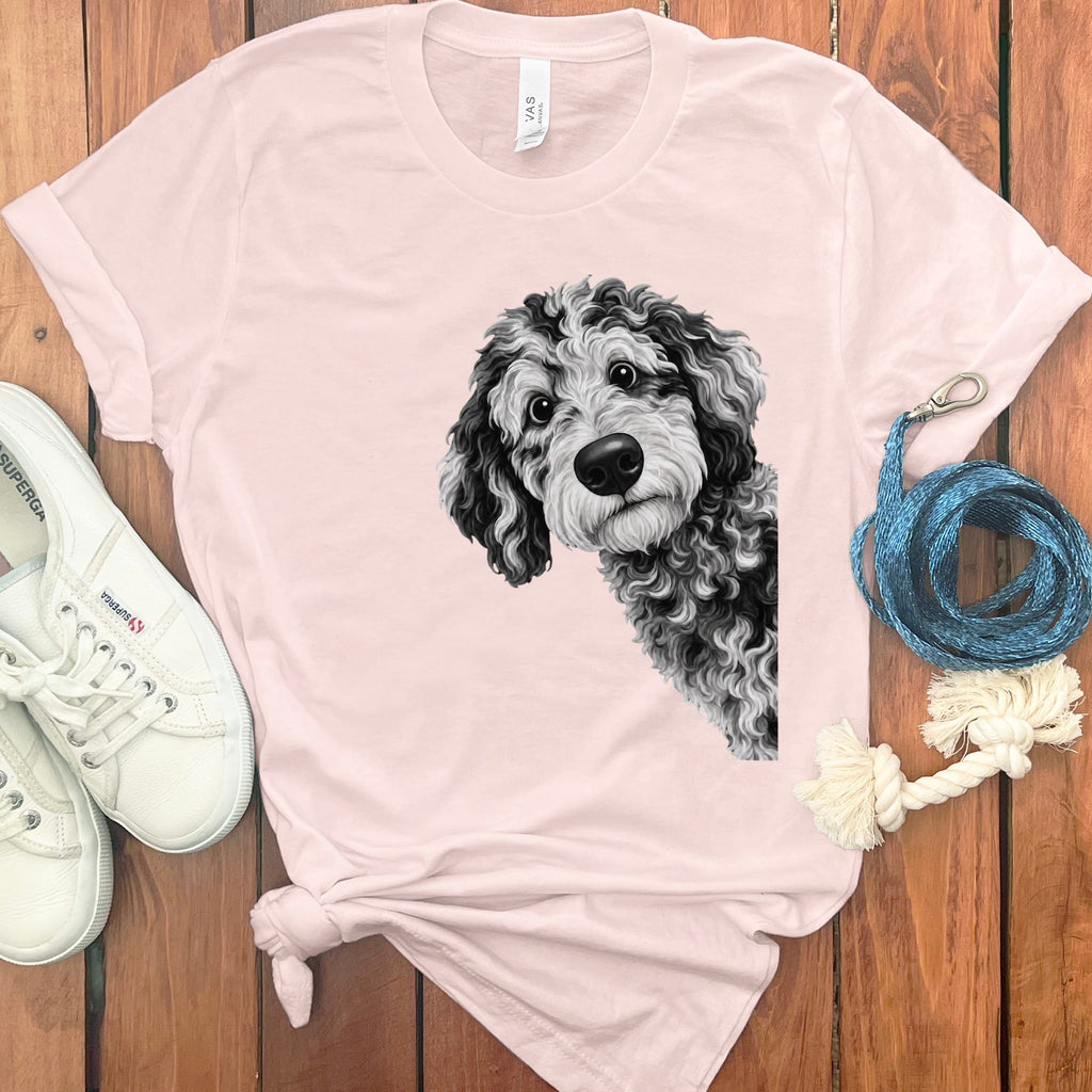 Funny Peeking Merle Goldendoodle T-Shirt in Soft Pink / S by Puppy Jo