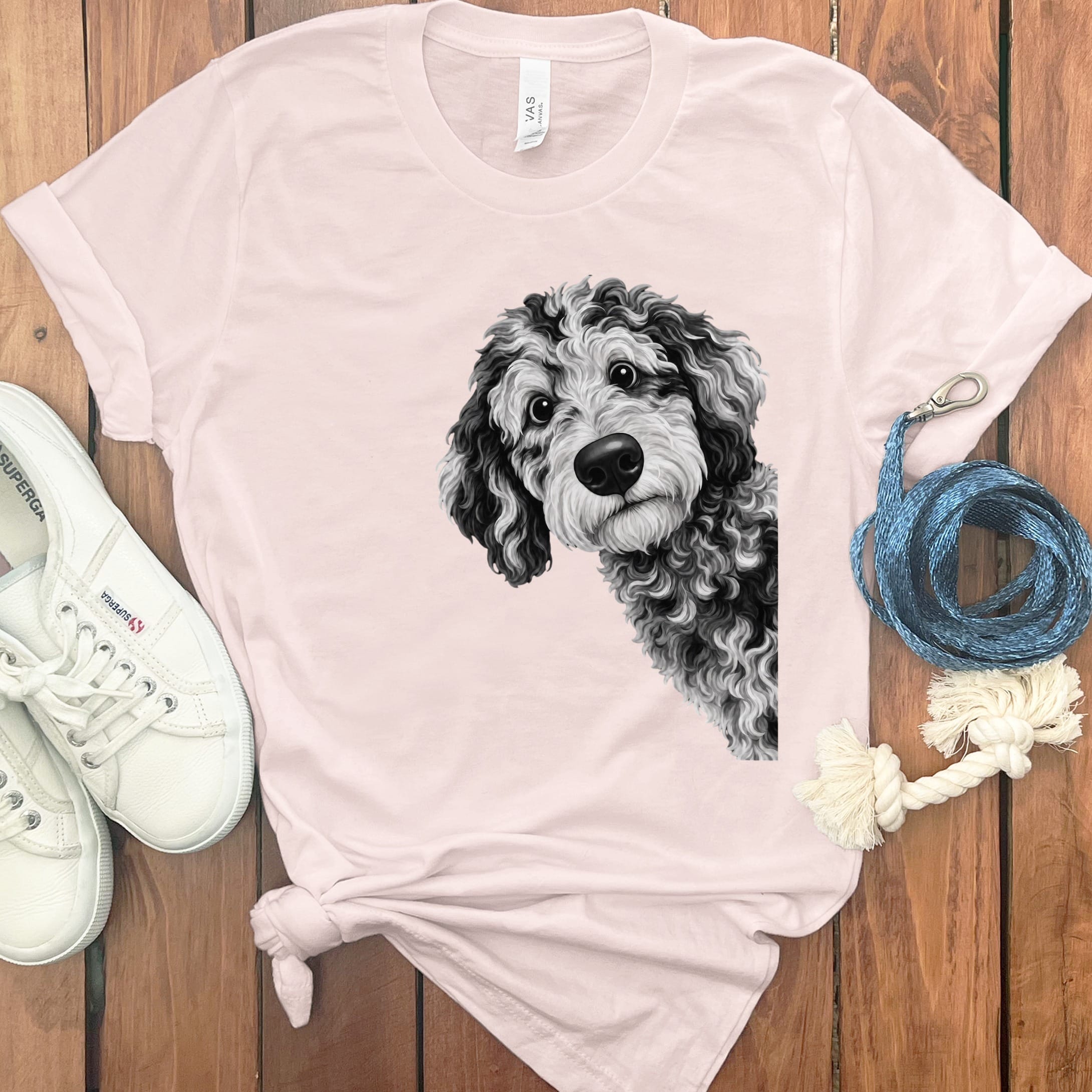 Funny Peeking Merle Goldendoodle T-Shirt in Soft Pink / S by Puppy Jo