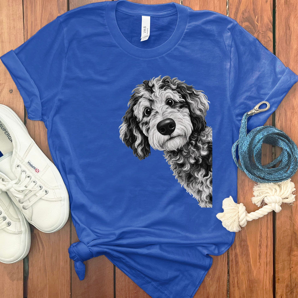 Funny Peeking Merle Goldendoodle T-Shirt in True Royal / S by Puppy Jo