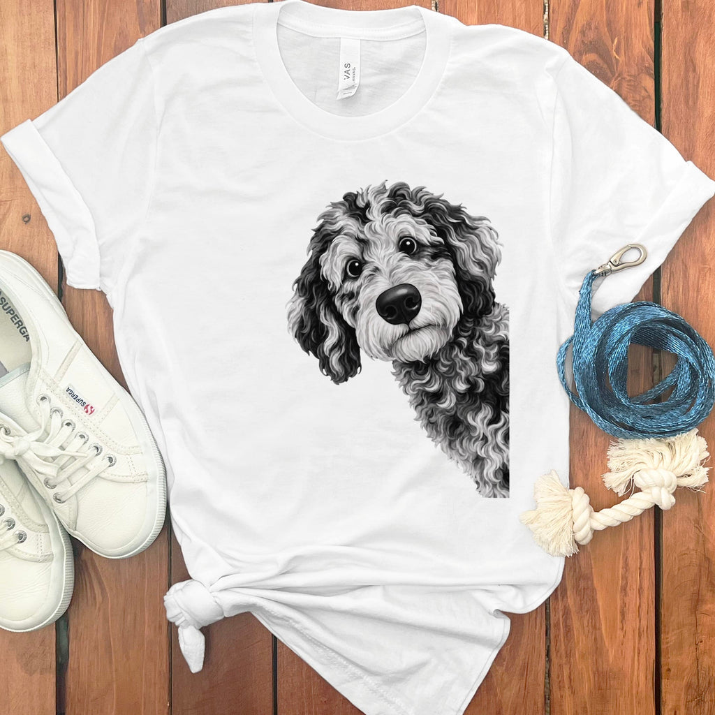Funny Peeking Merle Goldendoodle T-Shirt in White / S by Puppy Jo