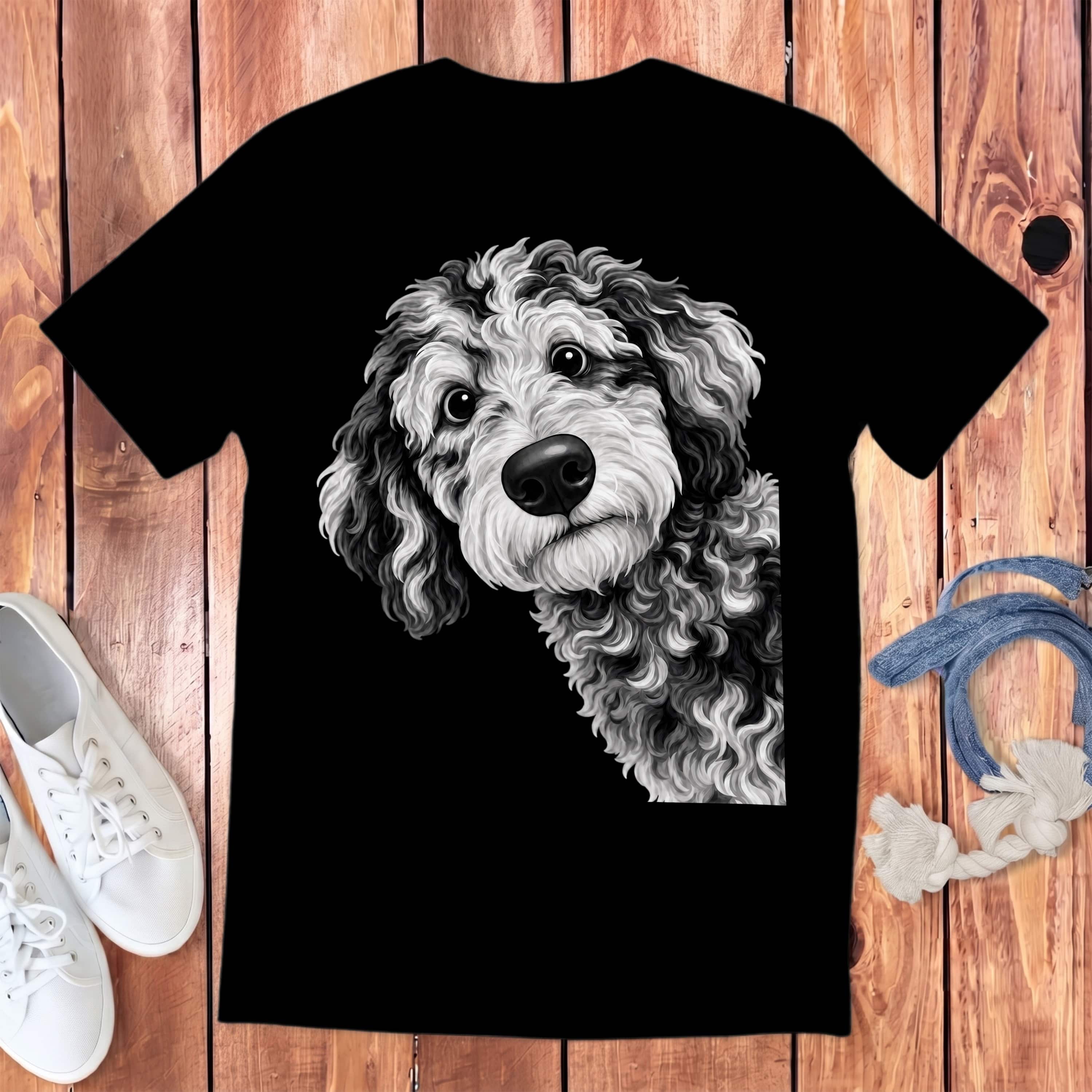 Funny Peeking Merle Goldendoodle Youth T-Shirt in Black / S by Puppy Jo