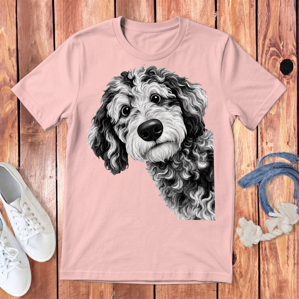 Funny Peeking Merle Goldendoodle Youth T-Shirt in Pink / S by Puppy Jo