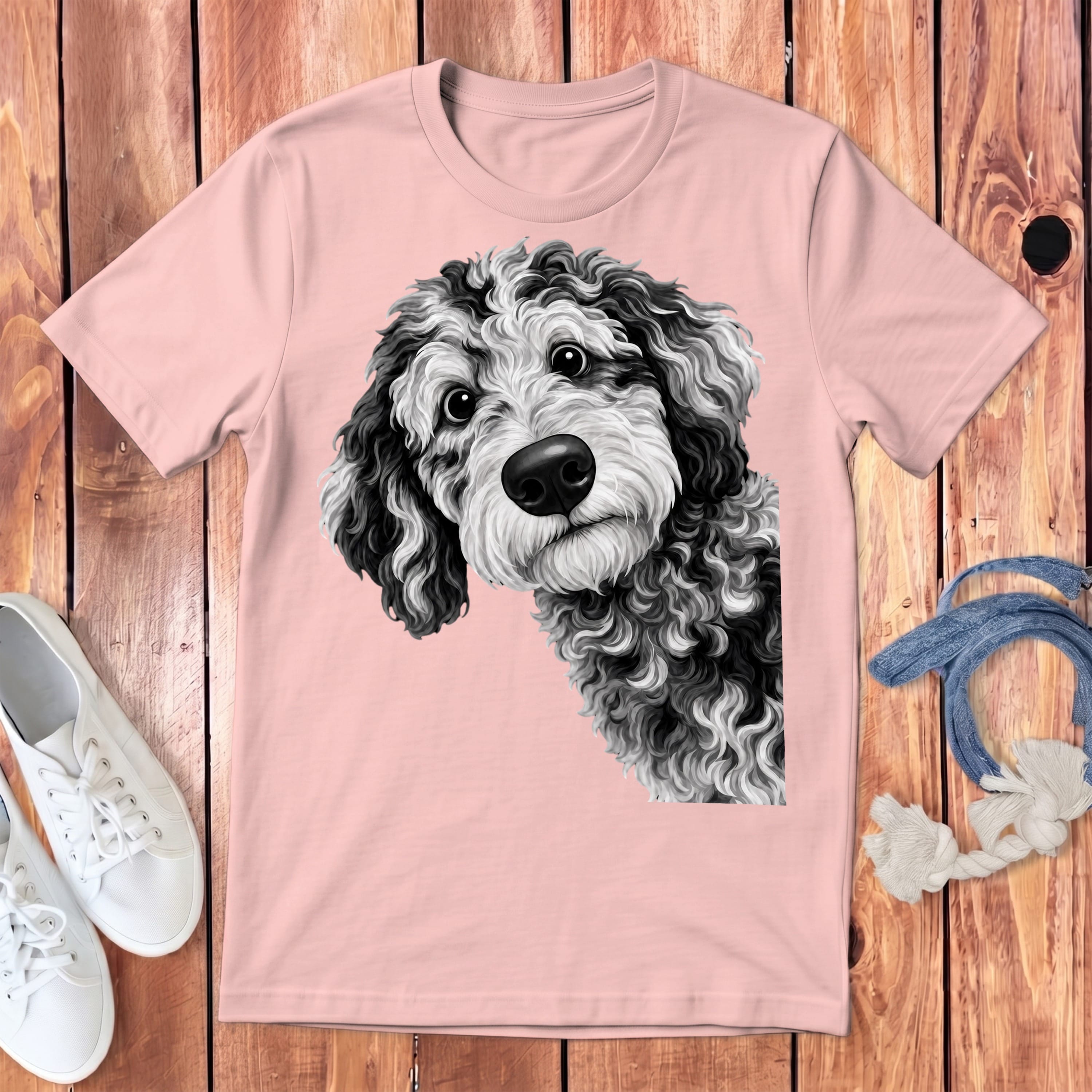 Funny Peeking Merle Goldendoodle Youth T-Shirt in Pink / S by Puppy Jo