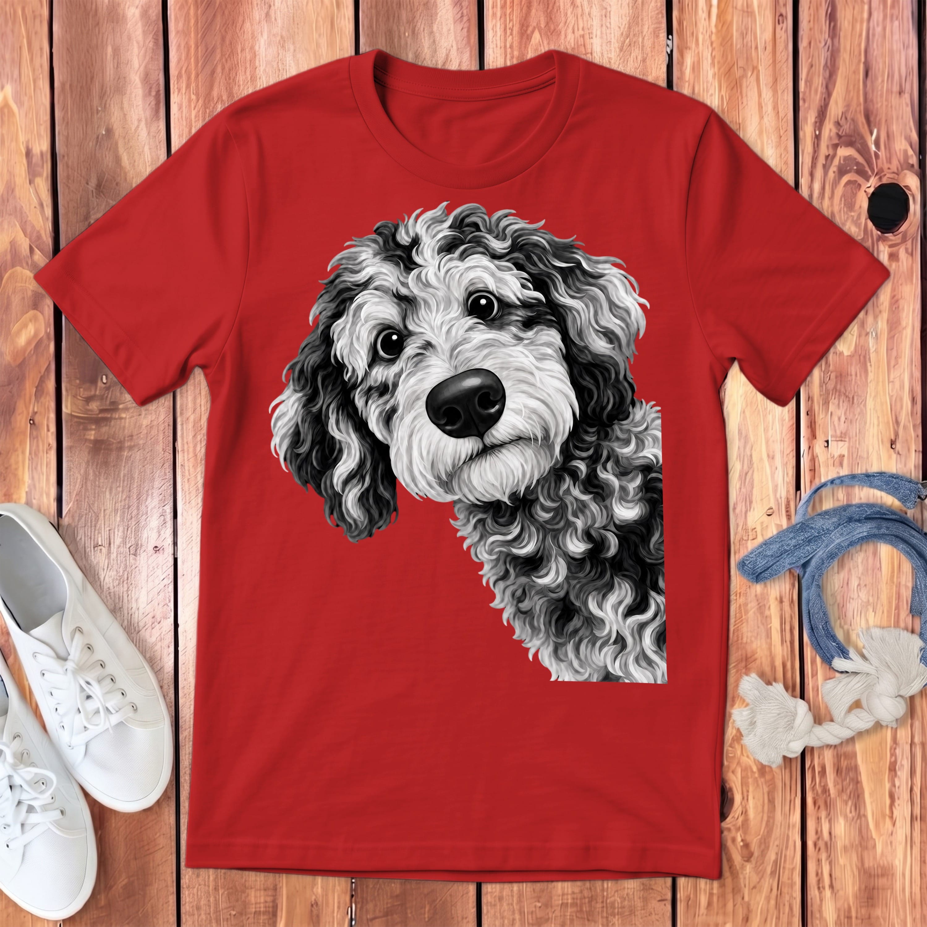 Funny Peeking Merle Goldendoodle Youth T-Shirt in Red / S by Puppy Jo