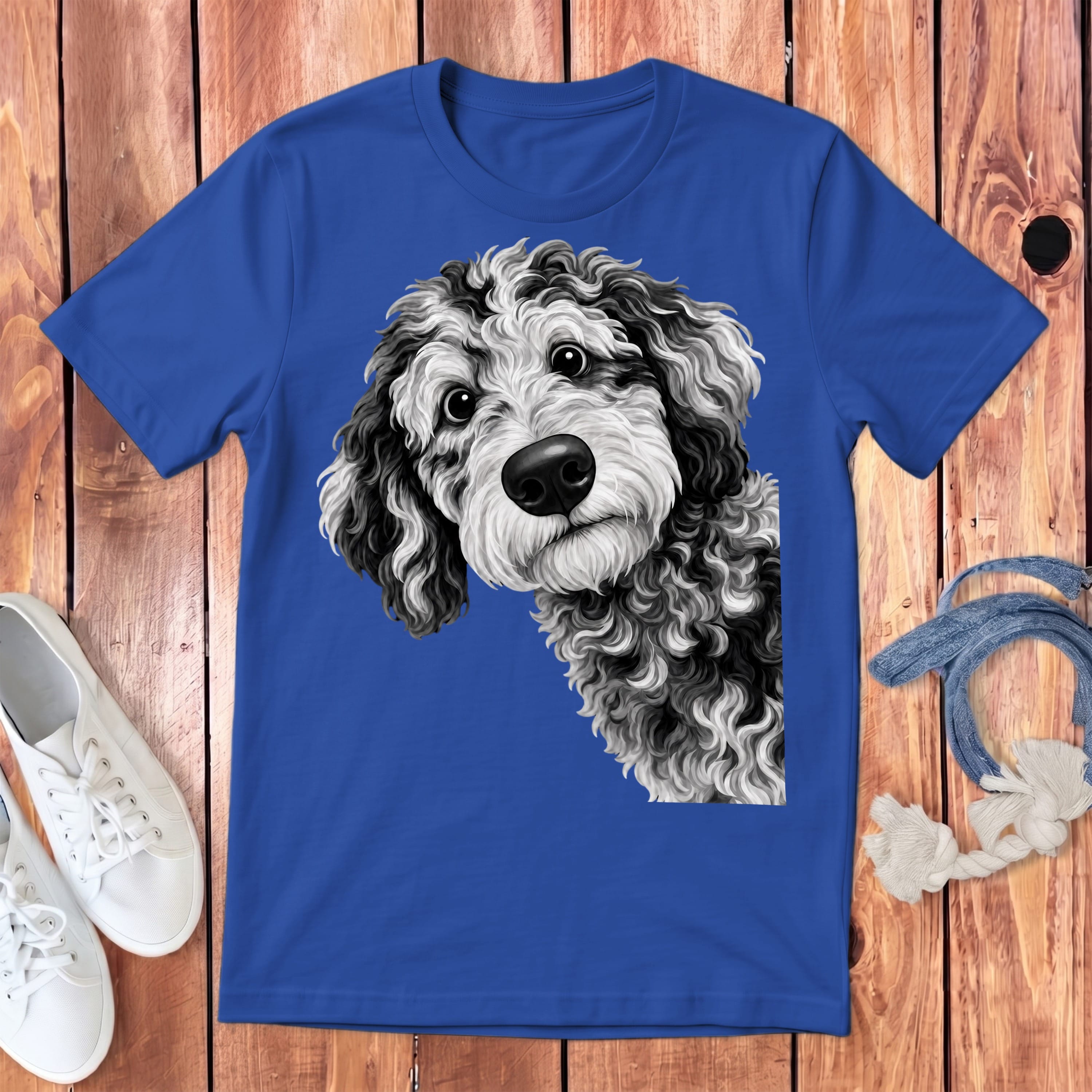 Funny Peeking Merle Goldendoodle Youth T-Shirt in True Royal / S by Puppy Jo