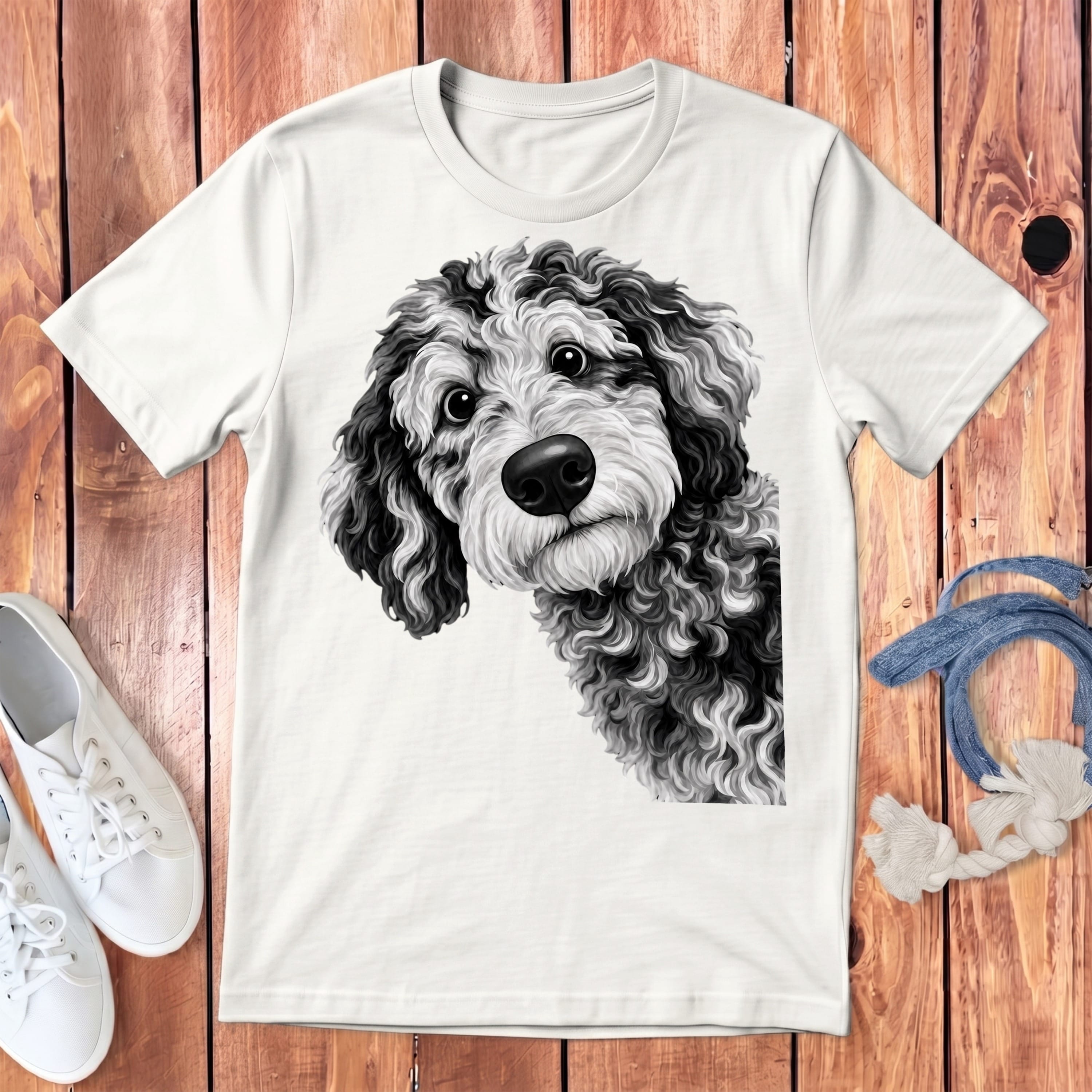Funny Peeking Merle Goldendoodle Youth T-Shirt in White / S by Puppy Jo
