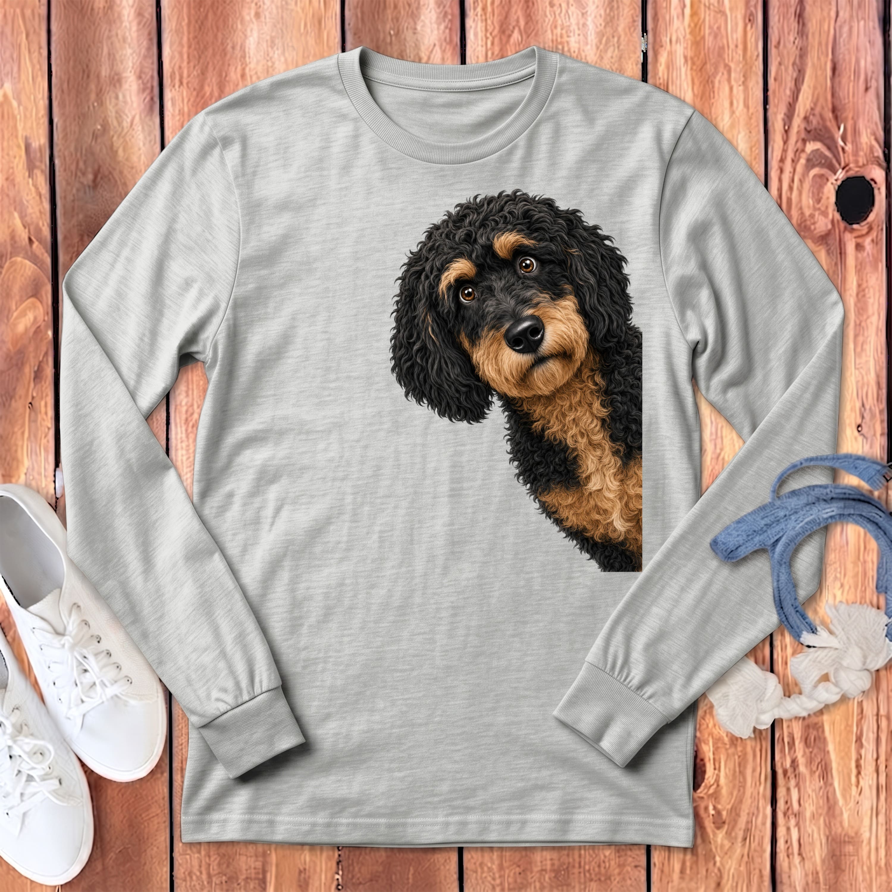 Funny Peeking Phantom Goldendoodle Long Sleeve T-Shirt in Athletic Heather / S by Puppy Jo