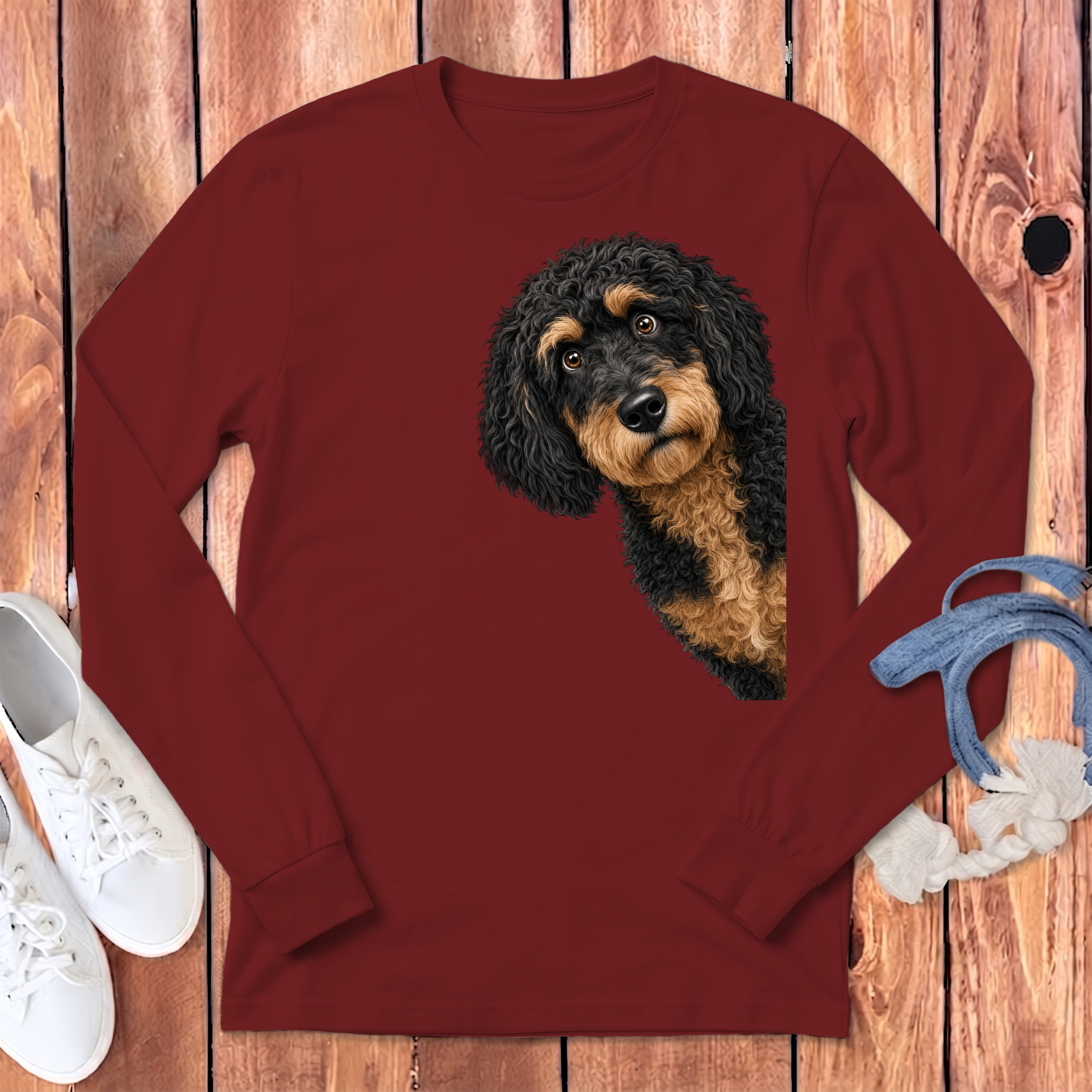 Funny Peeking Phantom Goldendoodle Long Sleeve T-Shirt in Cardinal / S by Puppy Jo