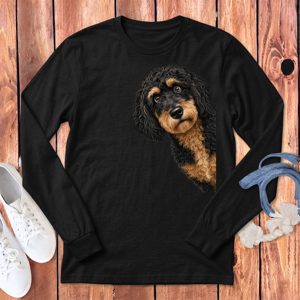 Funny Peeking Phantom Goldendoodle Long Sleeve T-Shirt in Dark Grey Heather / S by Puppy Jo