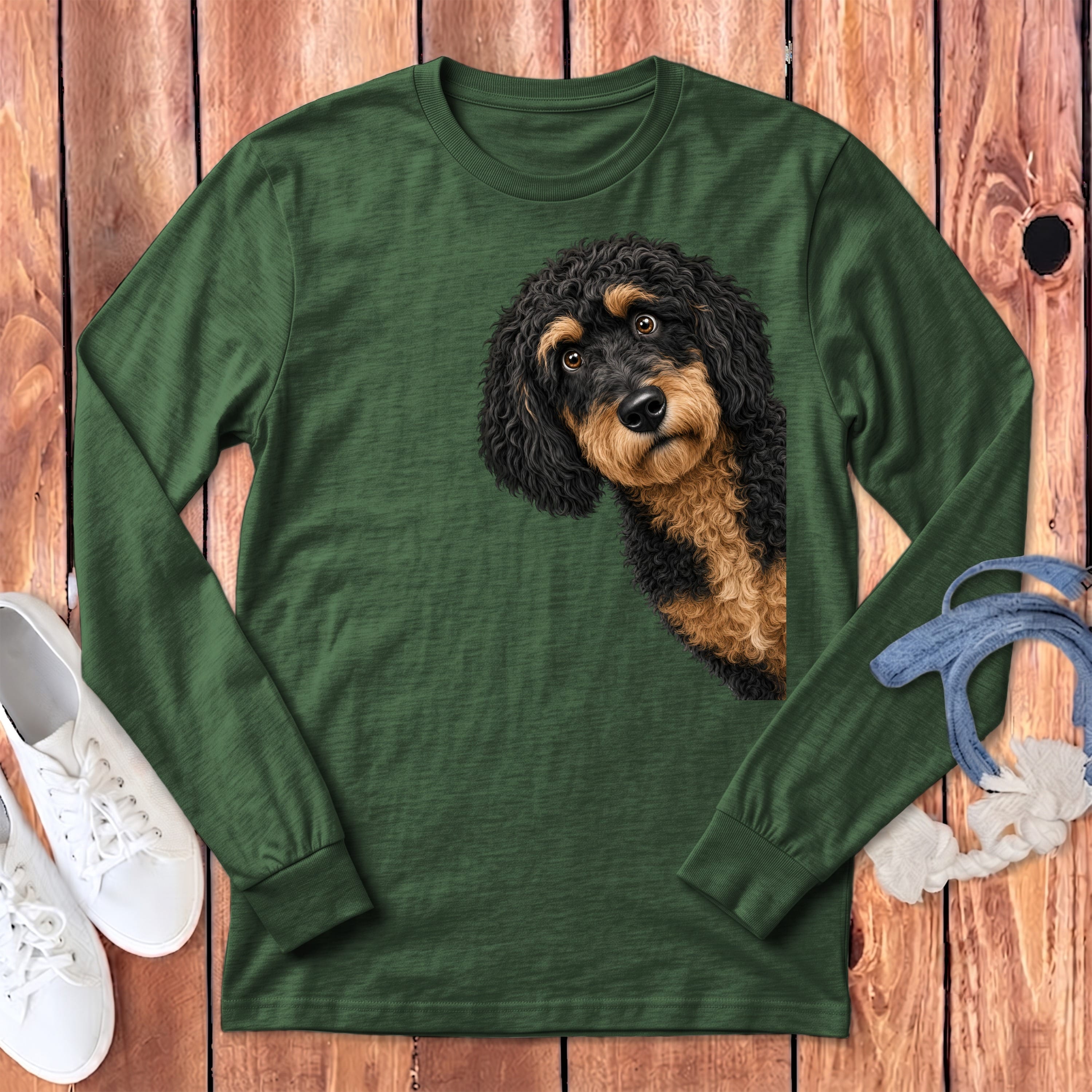 Funny Peeking Phantom Goldendoodle Long Sleeve T-Shirt in Heather Forest / S by Puppy Jo