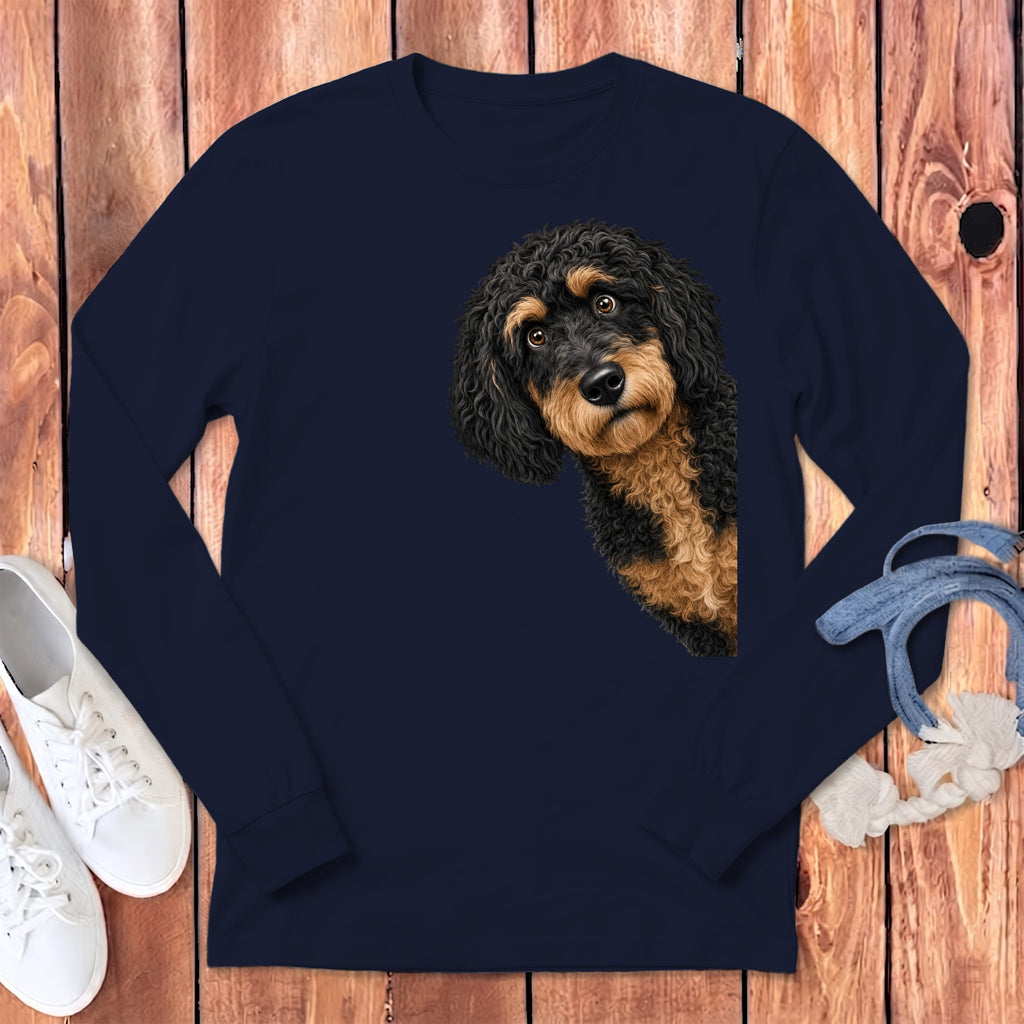 Funny Peeking Phantom Goldendoodle Long Sleeve T-Shirt in Navy / S by Puppy Jo
