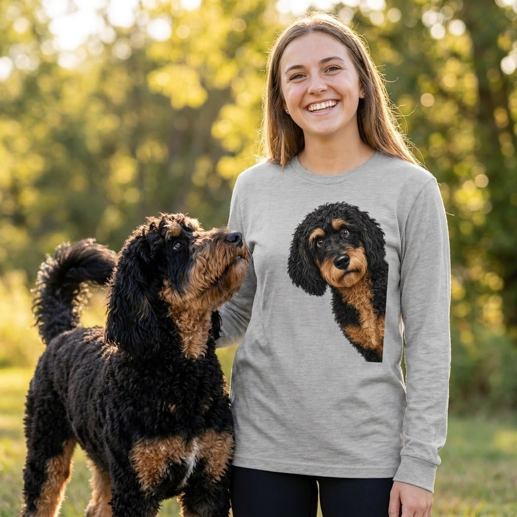 Funny Peeking Phantom Goldendoodle Long Sleeve T-Shirt in by Puppy Jo