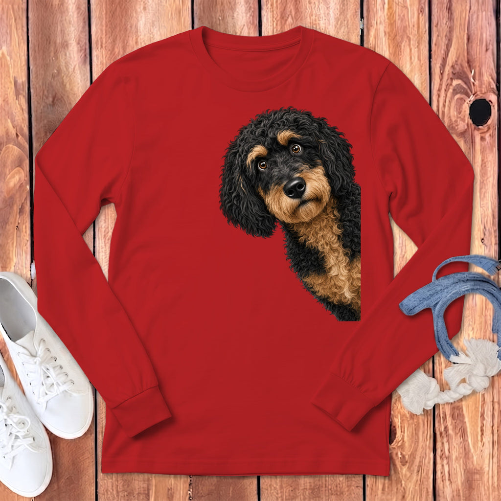 Funny Peeking Phantom Goldendoodle Long Sleeve T-Shirt in Red / S by Puppy Jo
