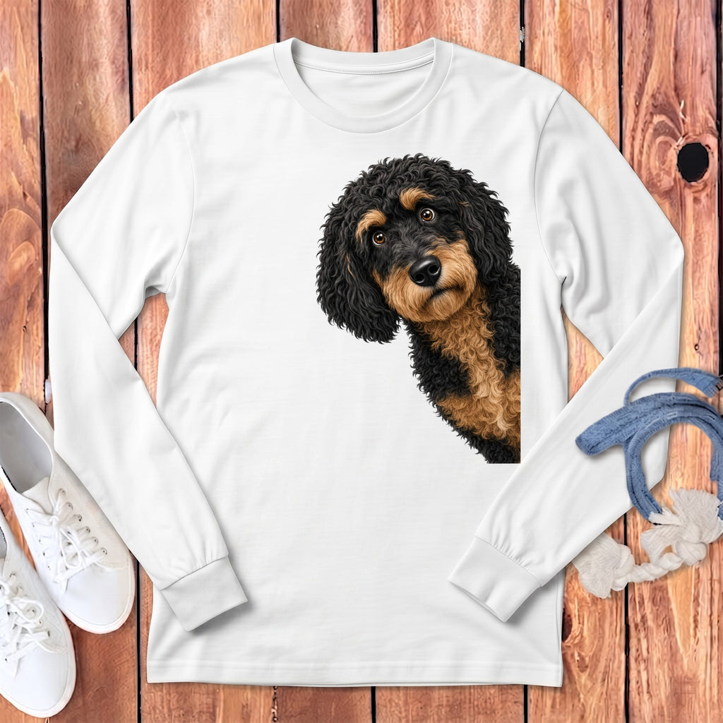 Funny Peeking Phantom Goldendoodle Long Sleeve T-Shirt in White / S by Puppy Jo