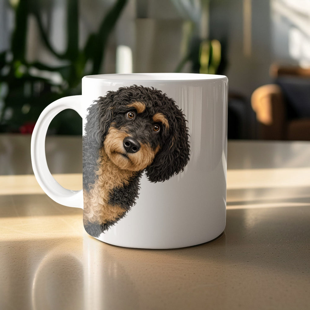 Funny Peeking Phantom Goldendoodle Mug in by Puppy Jo