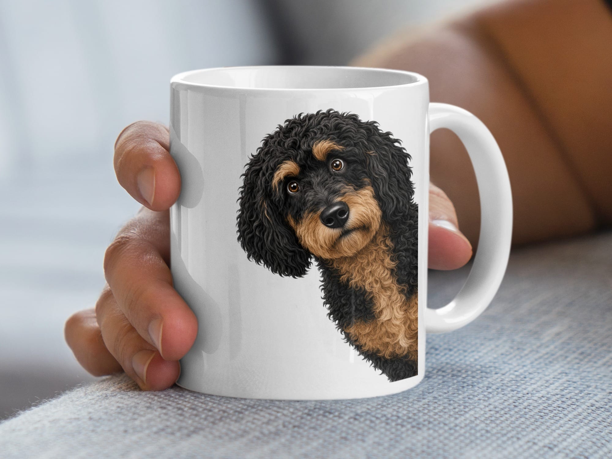 Funny Peeking Phantom Goldendoodle Mug in by Puppy Jo